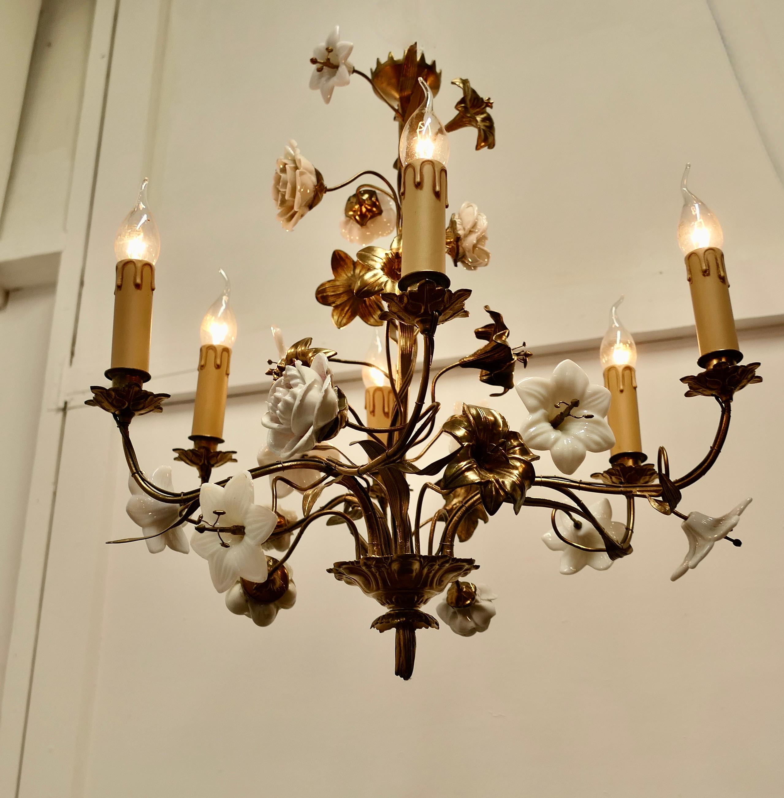 Late 19th Century French Gilt Toleware and Floral Ceramic 6 Branch Chandelier For Sale