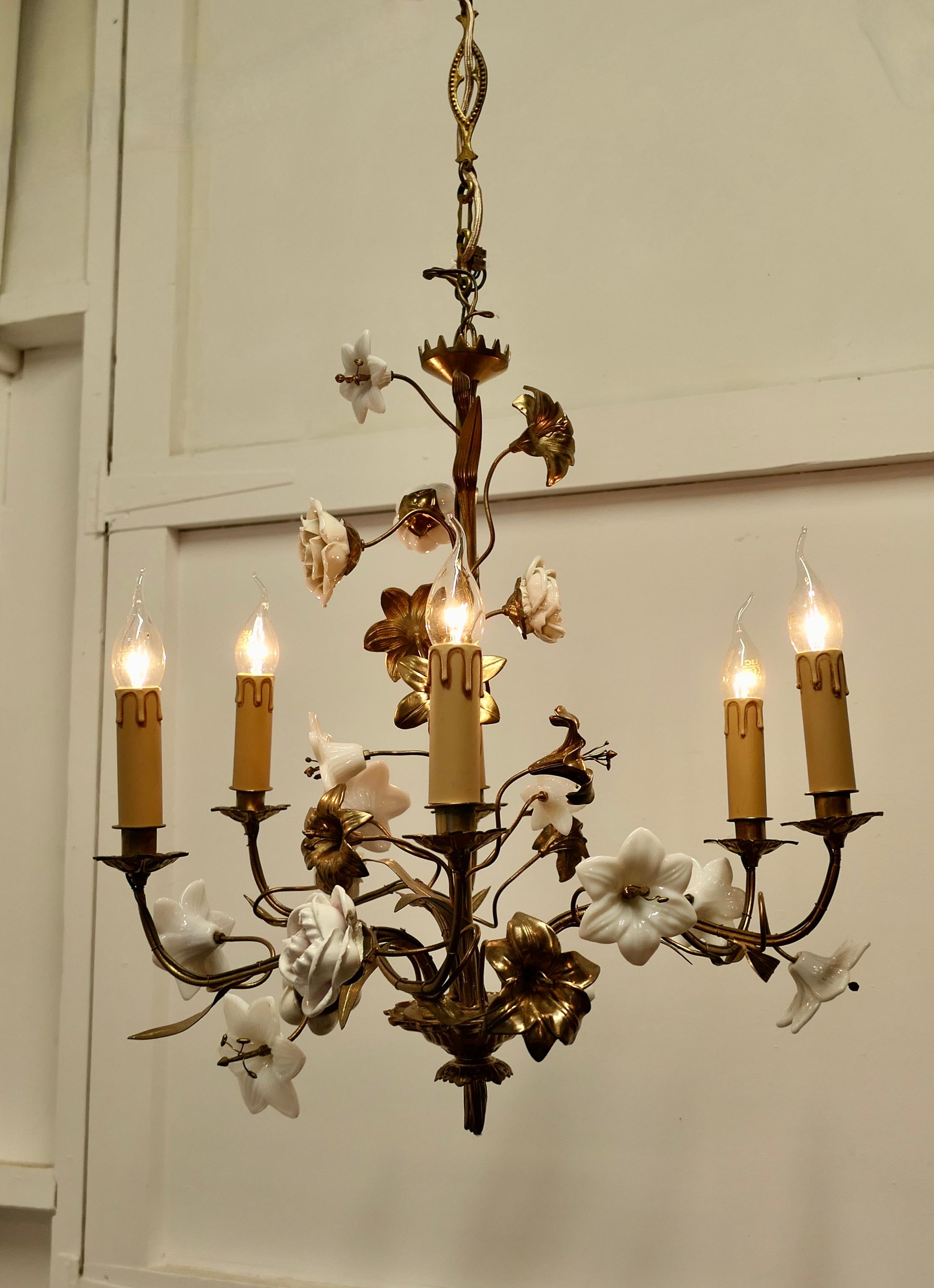 Brass French Gilt Toleware and Floral Ceramic 6 Branch Chandelier For Sale