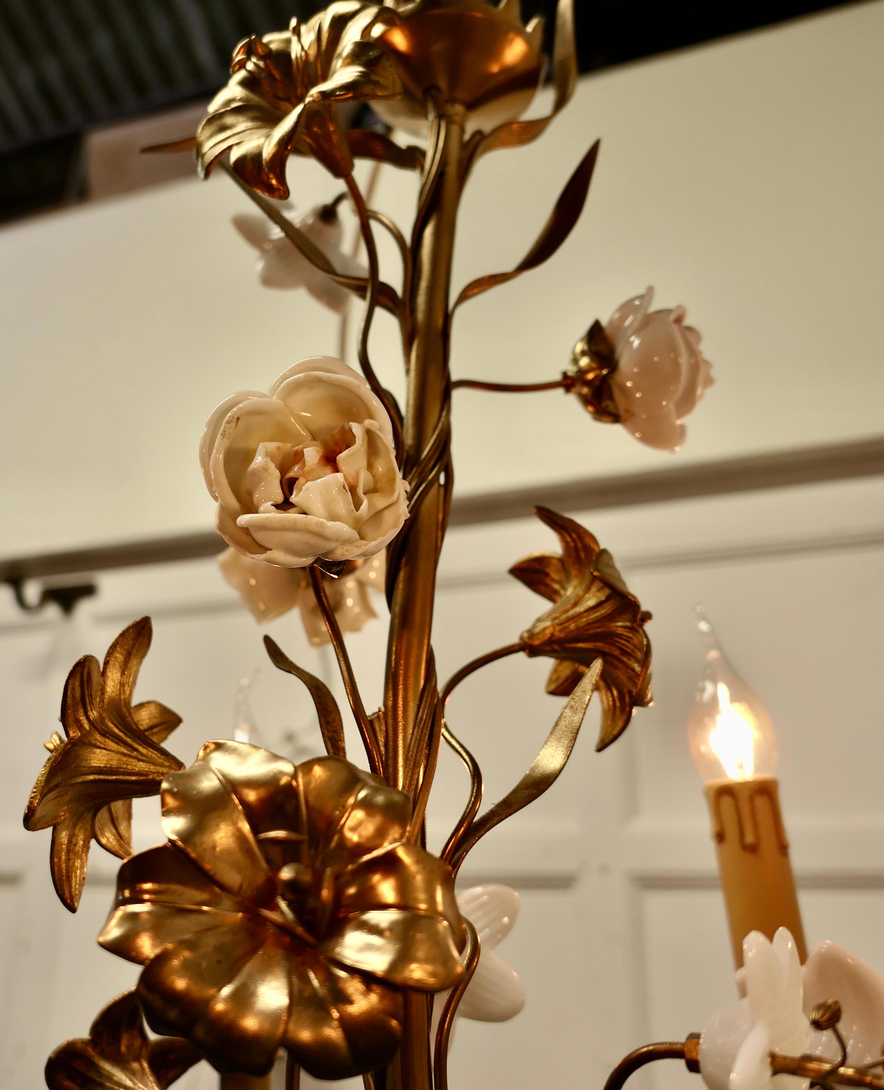 French Gilt Toleware and Floral Ceramic 6 Branch Chandelier For Sale 2