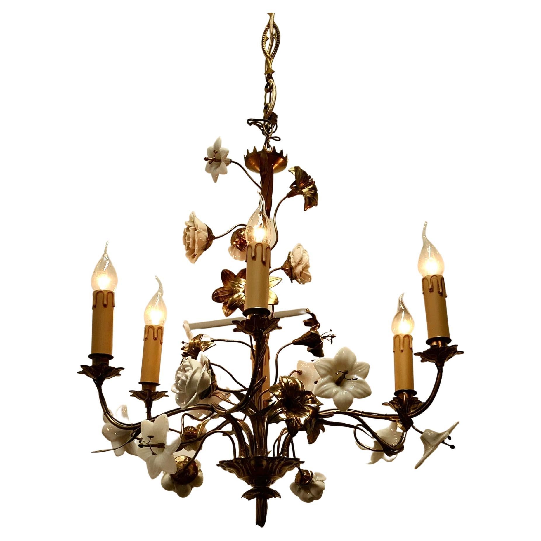 French Gilt Toleware and Floral Ceramic 6 Branch Chandelier For Sale