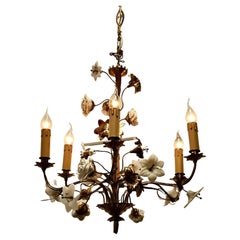 French Gilt Toleware and Floral Ceramic 6 Branch Chandelier