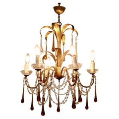 French Gilt Tolewear Chandelier Hung with Amber Crystal Teardrops