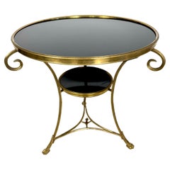 Mesa Gueridón Francesa de Bronce Dorado de Dos Tablas con Tapa de Mármol Negro