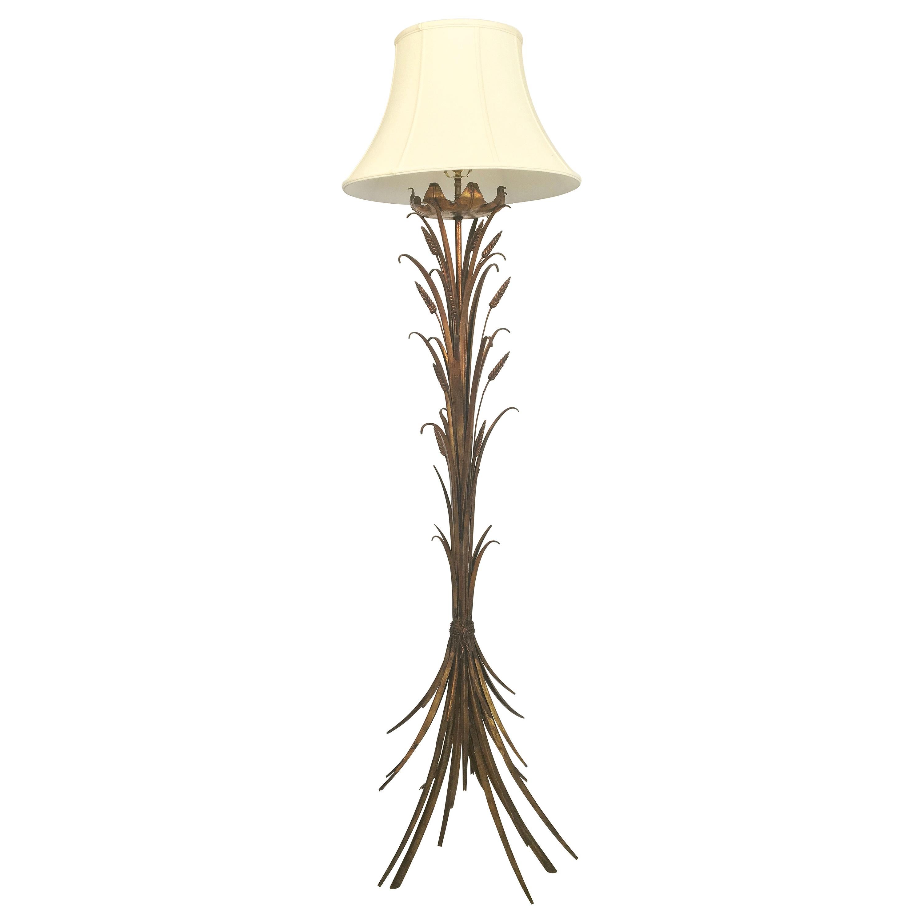 French Gilt Wheat Sheaf Floor Lamp with Shade