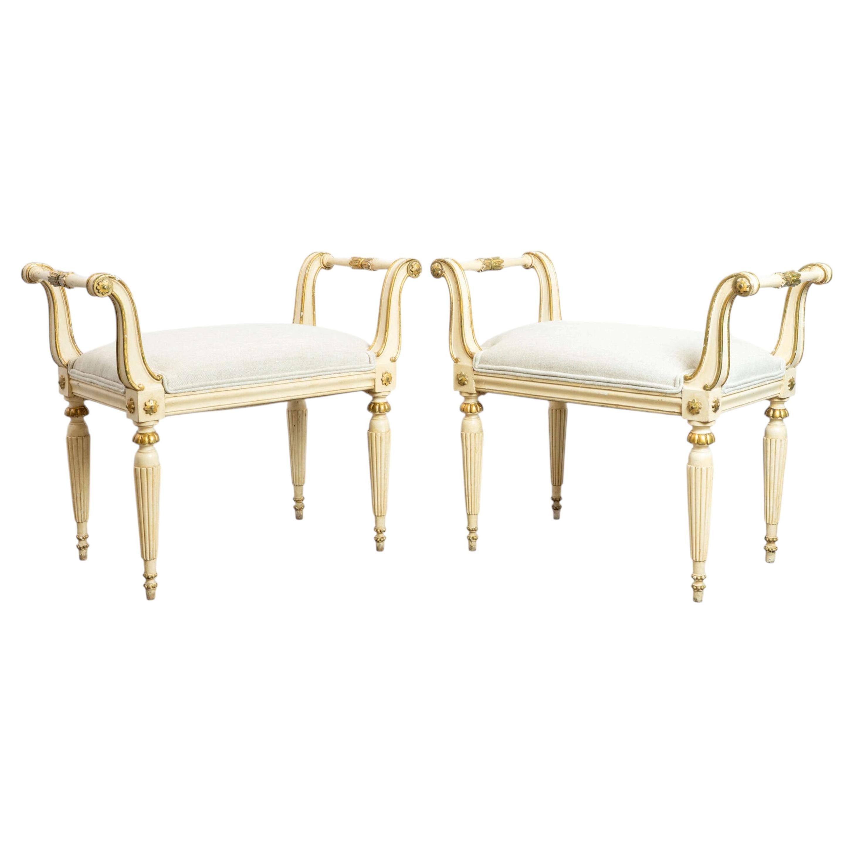 French Gilt Window Seats, Hand-Carved Pine, Linen Upholstery, 1920 For Sale