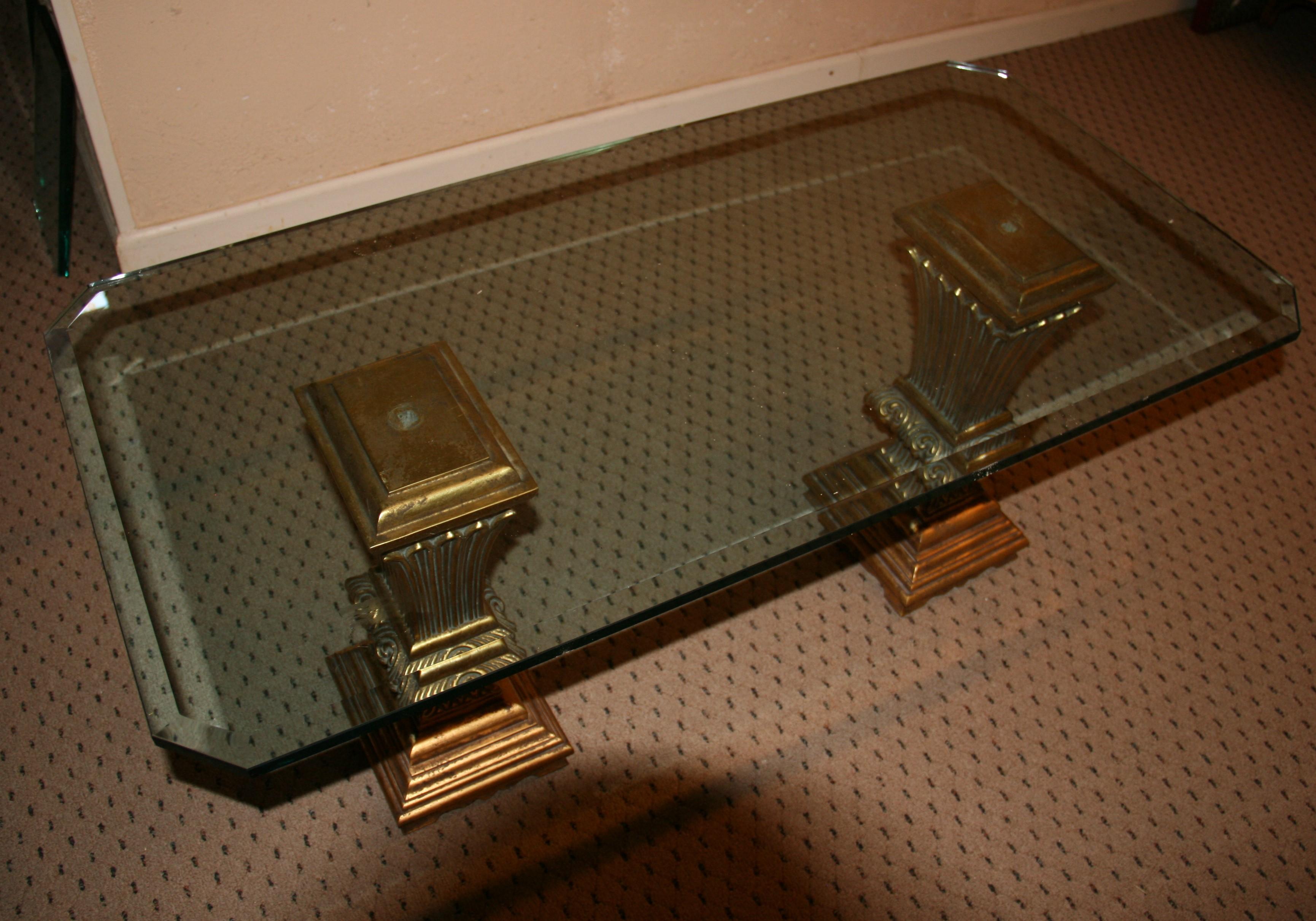 Mid-20th Century French Gilt Wood and Beveled Glass Coffee Table 1950's For Sale