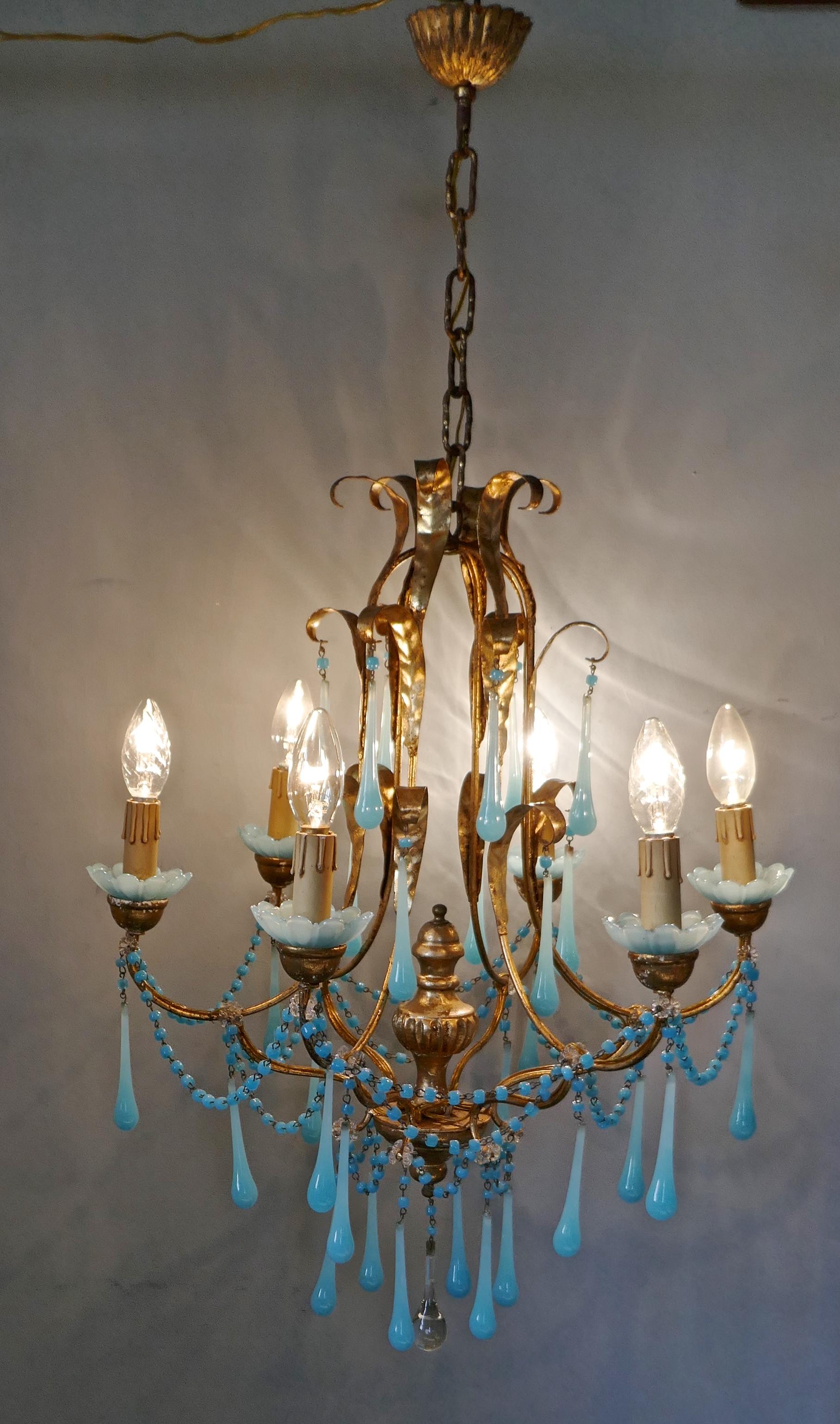 French Giltwood and Toleware Turquoise Opaline Glass 6 Branch Chandelier 5