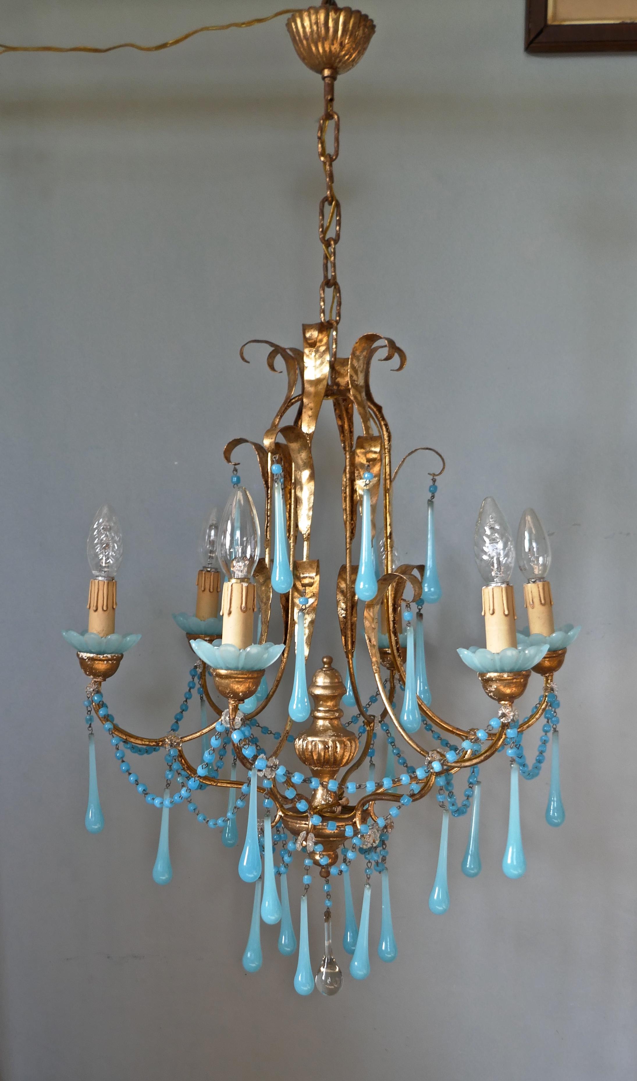 French Giltwood and Toleware Turquoise Opaline Glass 6 Branch Chandelier 6