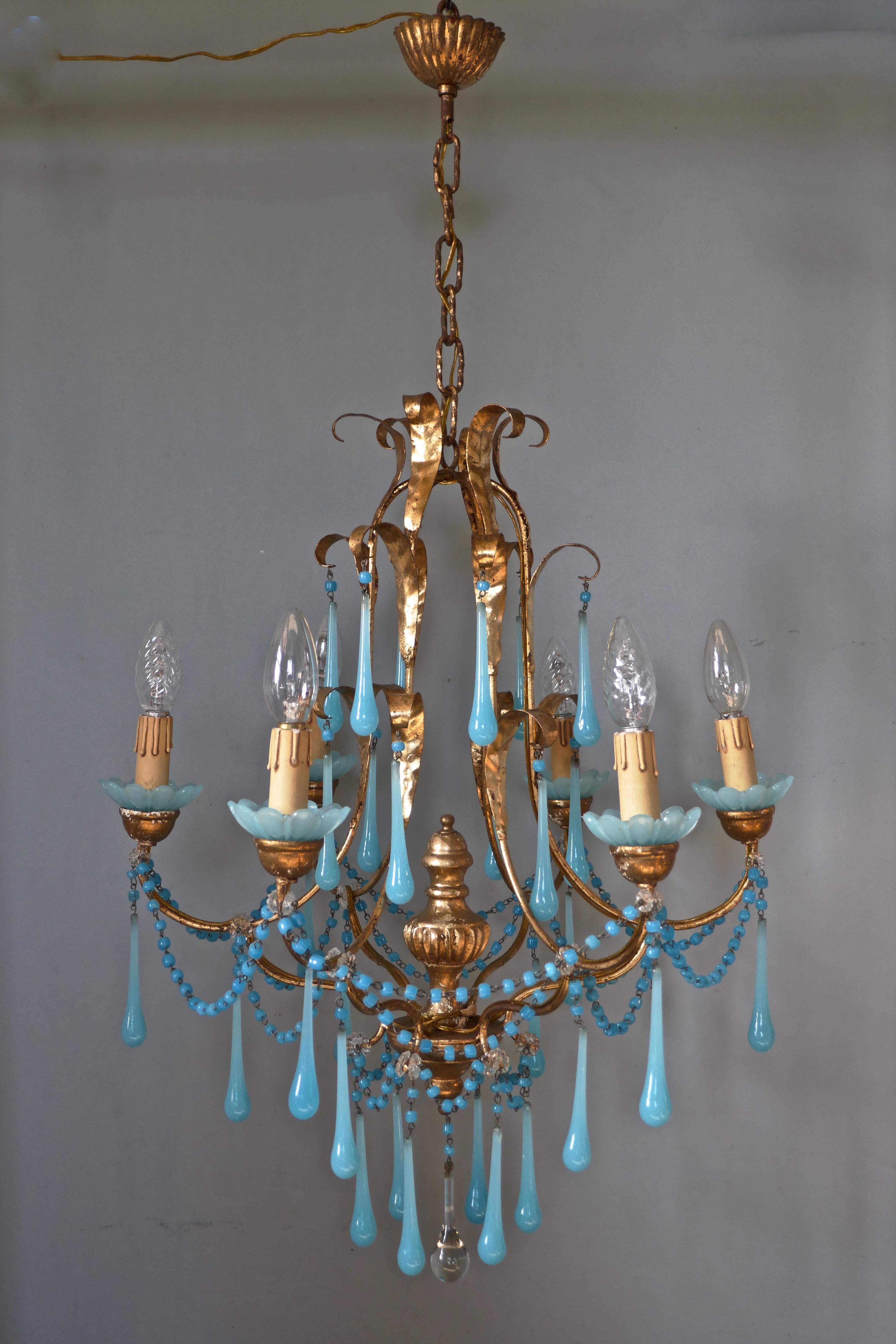 Empire French Giltwood and Toleware Turquoise Opaline Glass 6 Branch Chandelier