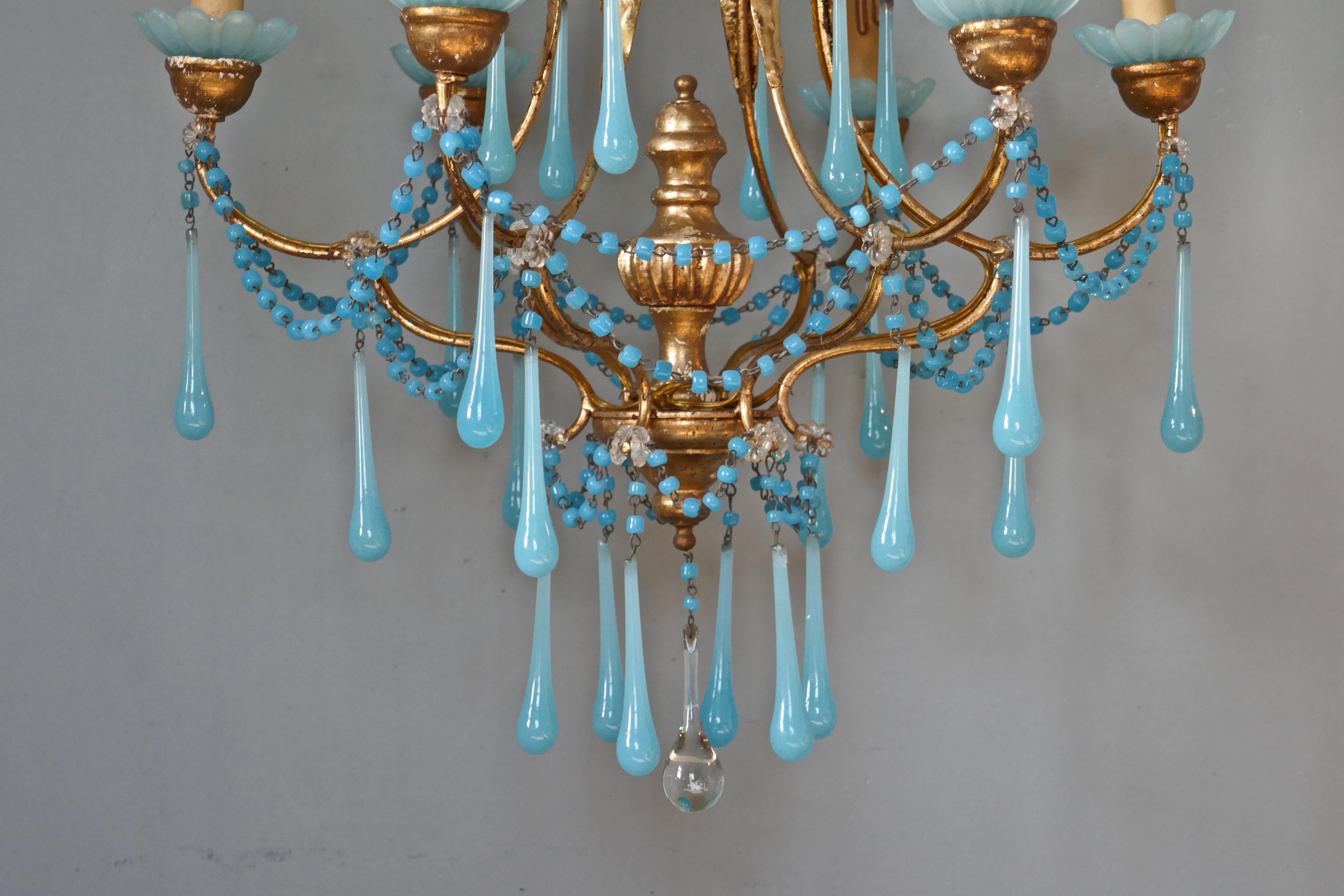 French Giltwood and Toleware Turquoise Opaline Glass 6 Branch Chandelier In Good Condition In Chillerton, Isle of Wight