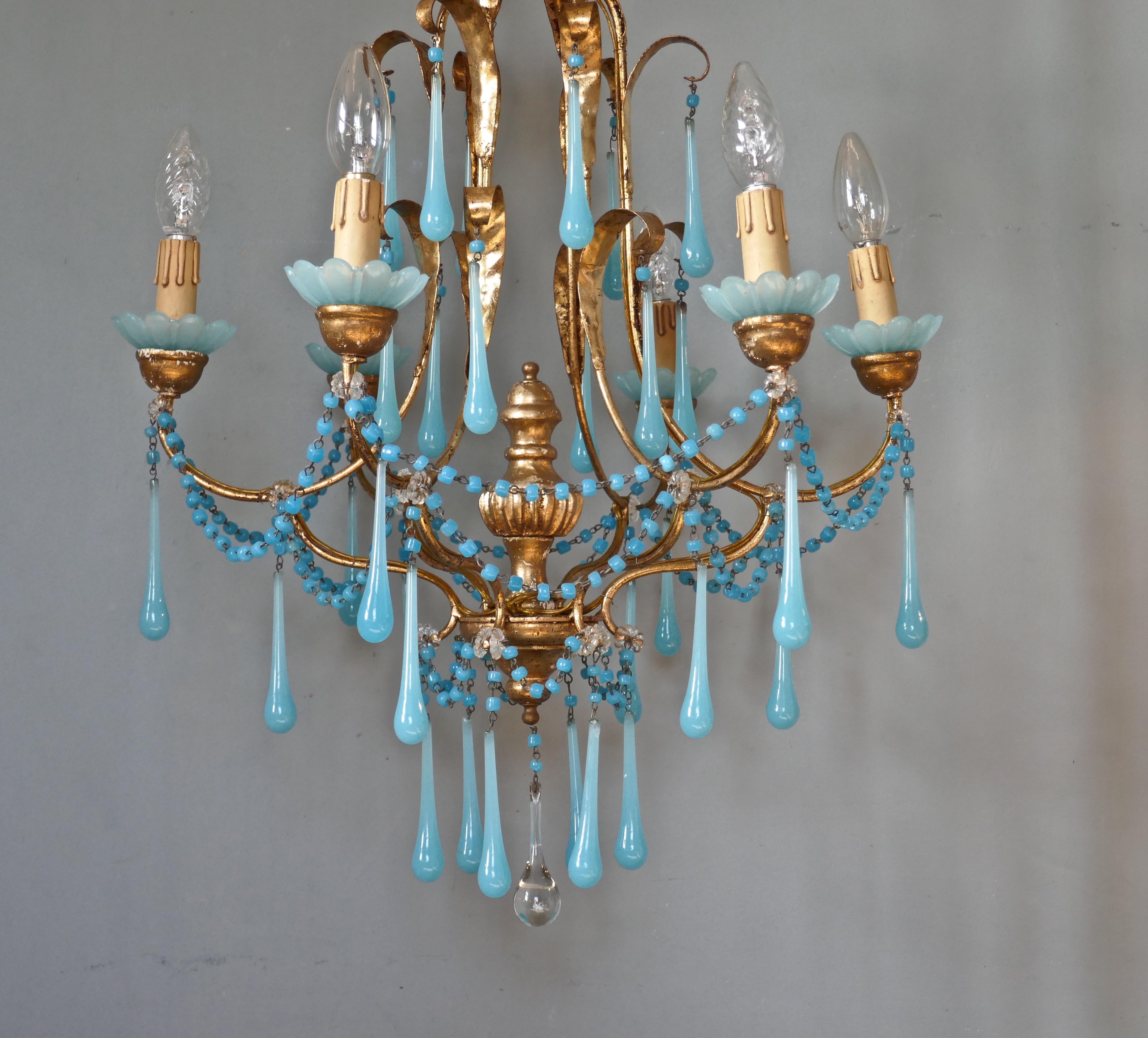 20th Century French Giltwood and Toleware Turquoise Opaline Glass 6 Branch Chandelier