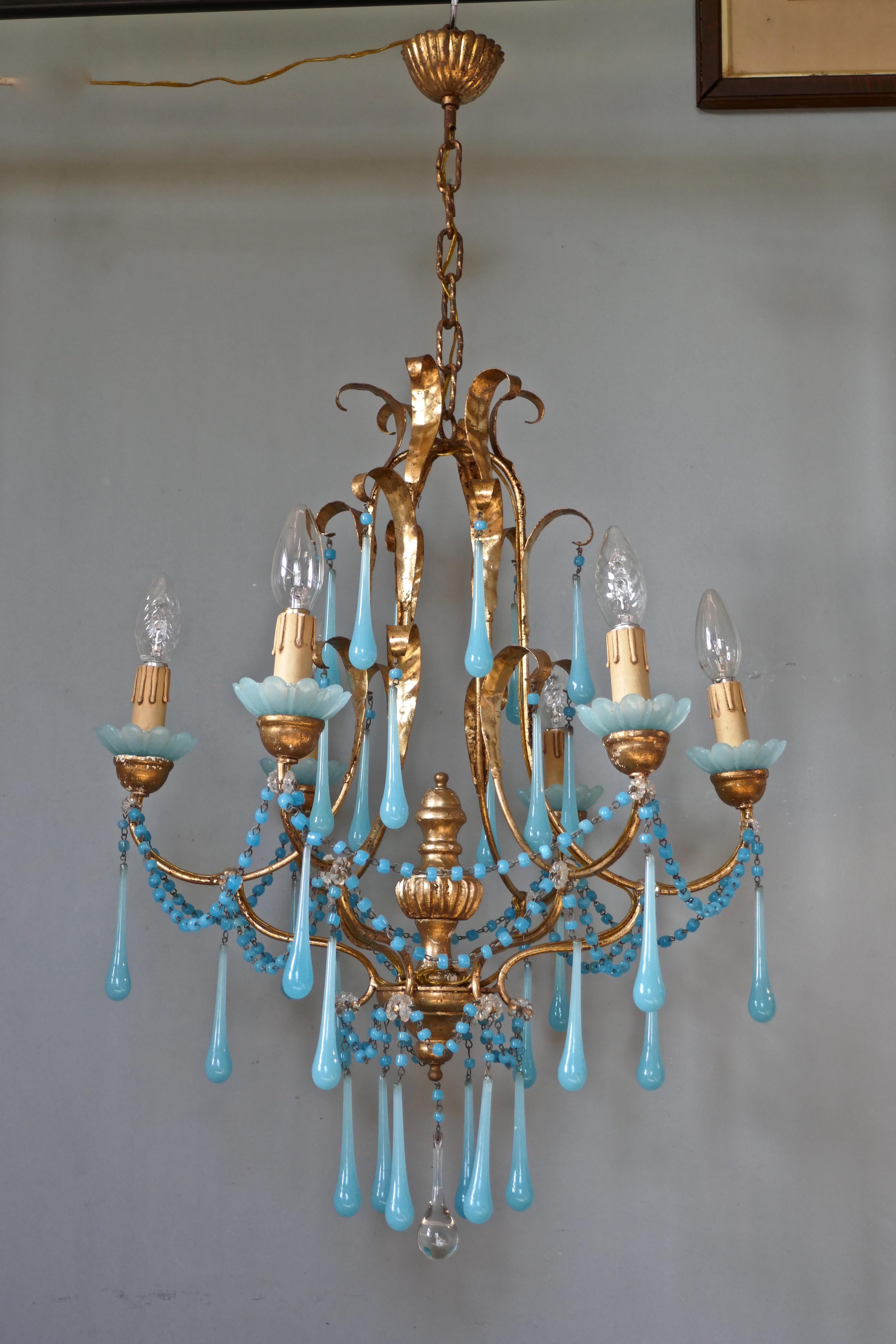 French Giltwood and Toleware Turquoise Opaline Glass 6 Branch Chandelier 1