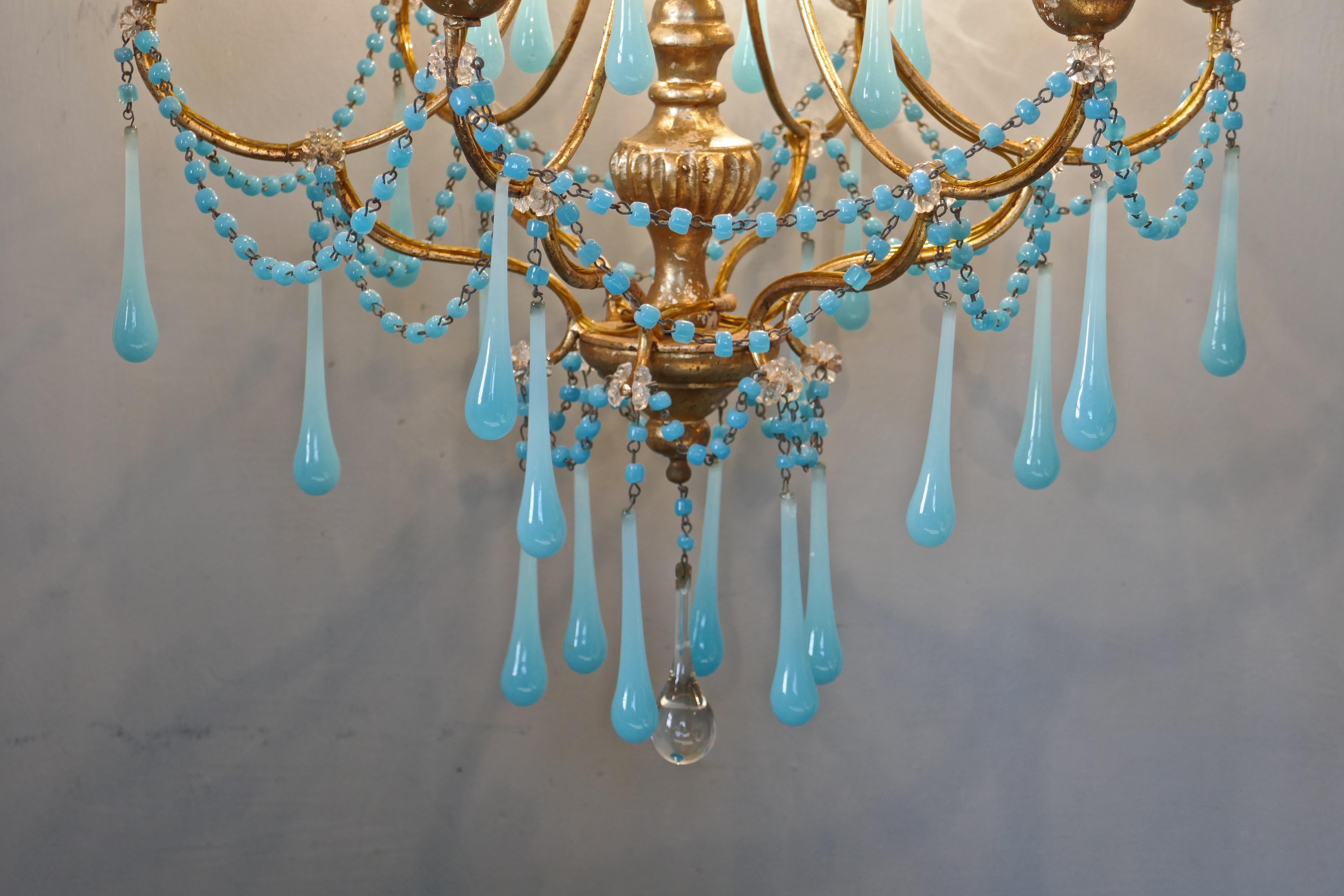 French Giltwood and Toleware Turquoise Opaline Glass 6 Branch Chandelier 2