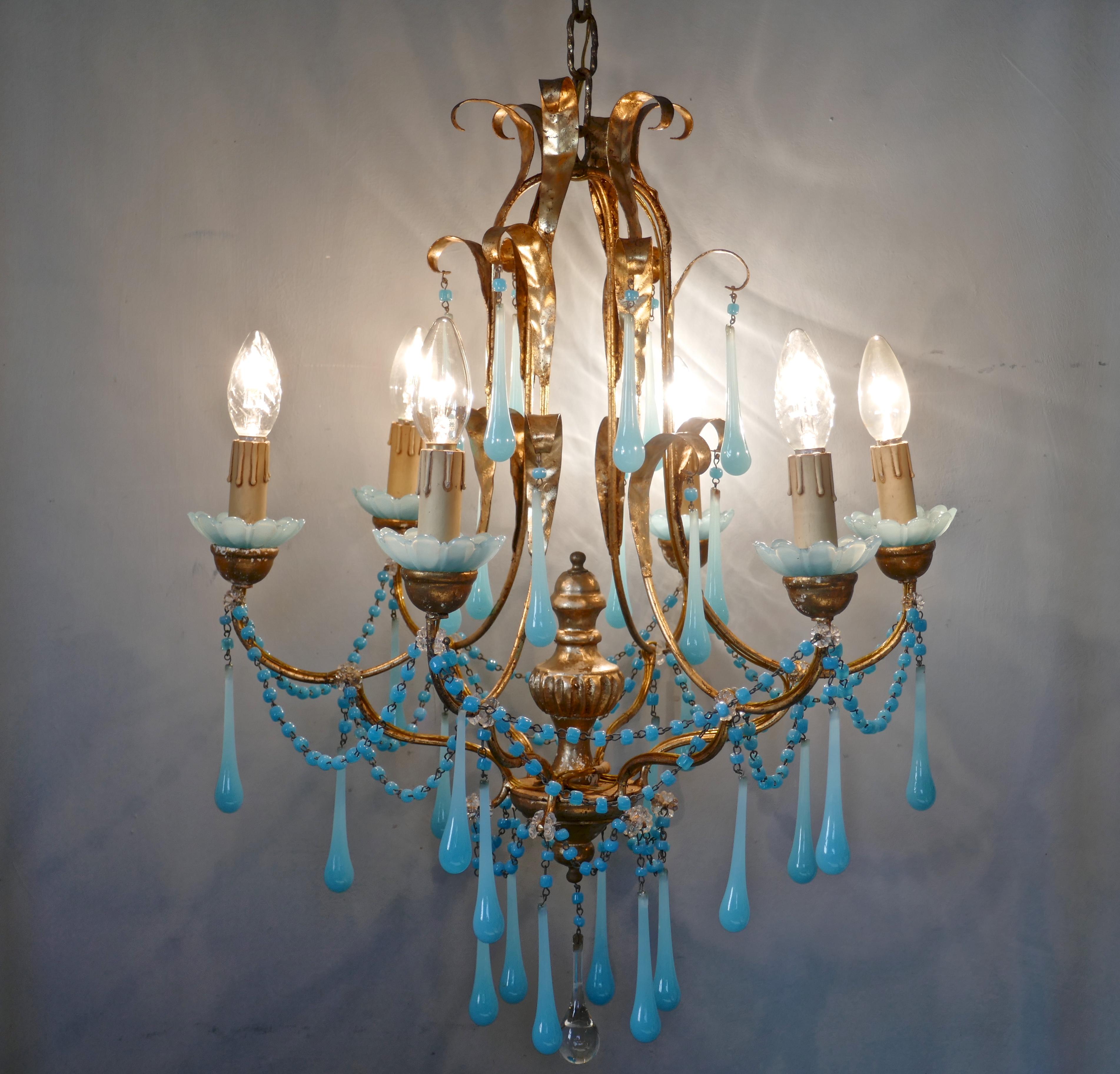 French Giltwood and Toleware Turquoise Opaline Glass 6 Branch Chandelier 3