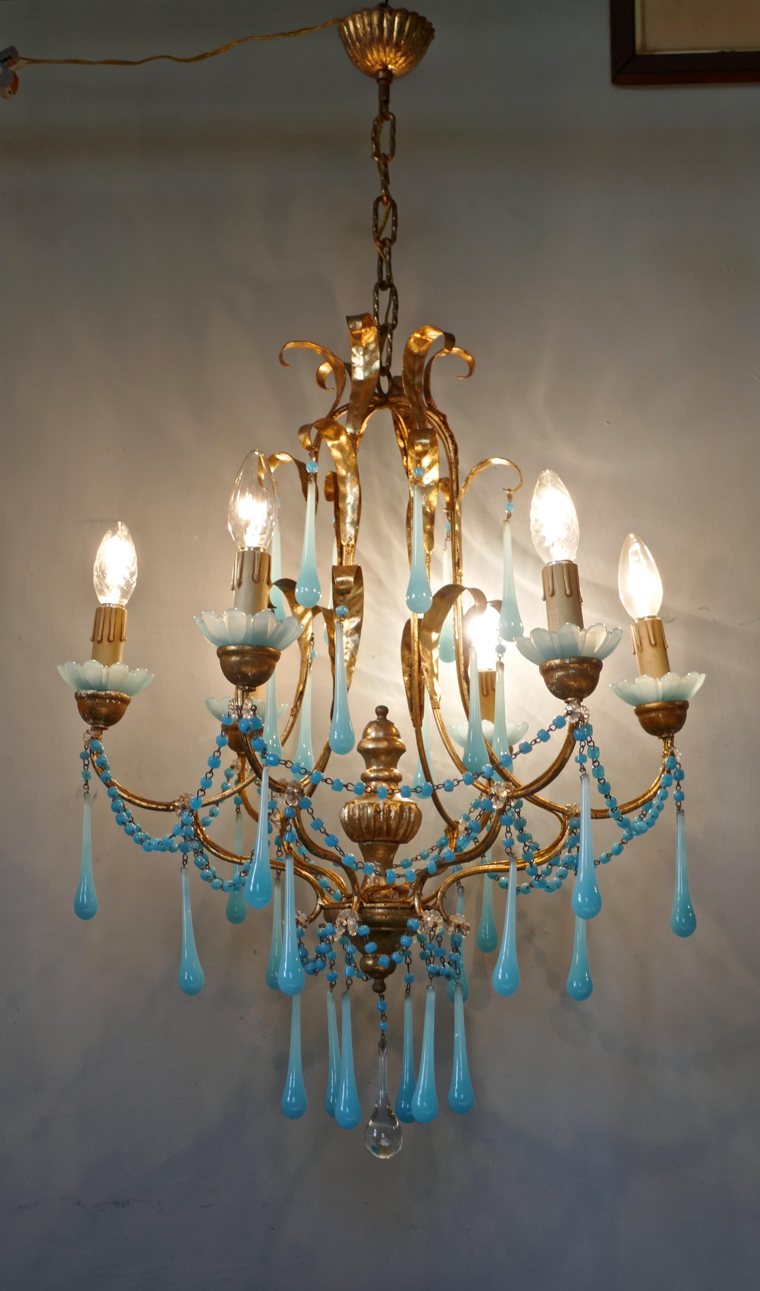 French Giltwood and Toleware Turquoise Opaline Glass 6 Branch Chandelier 4