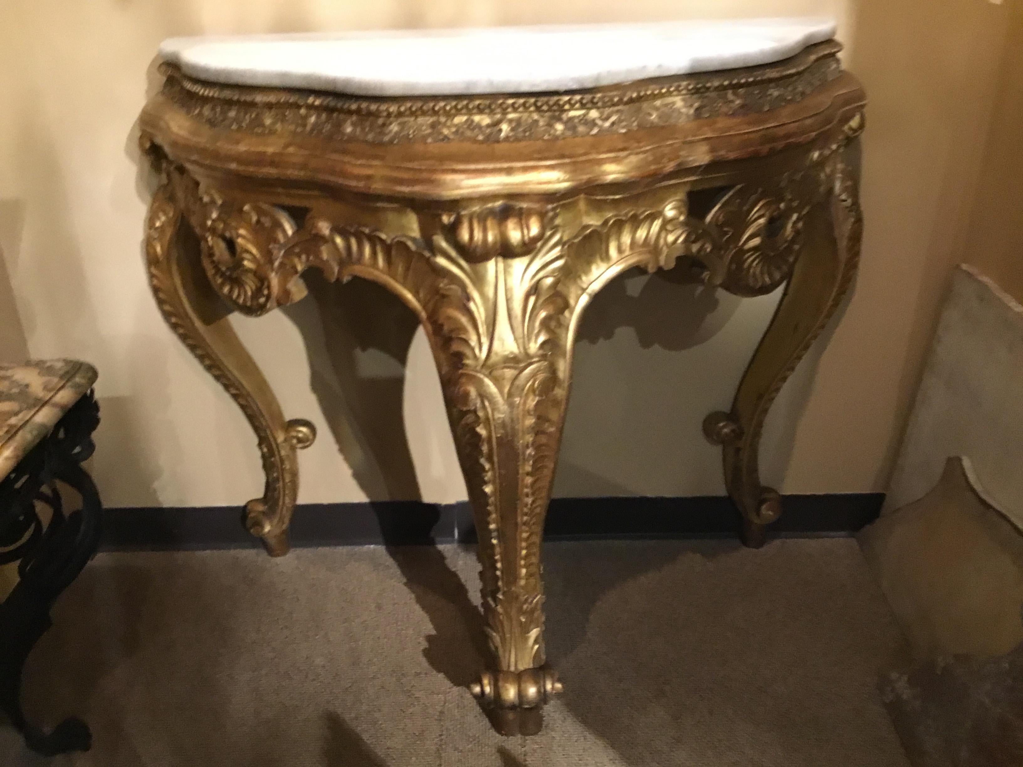French Giltwood Console in Demilune Form 19th Century White Marble Top For Sale 7