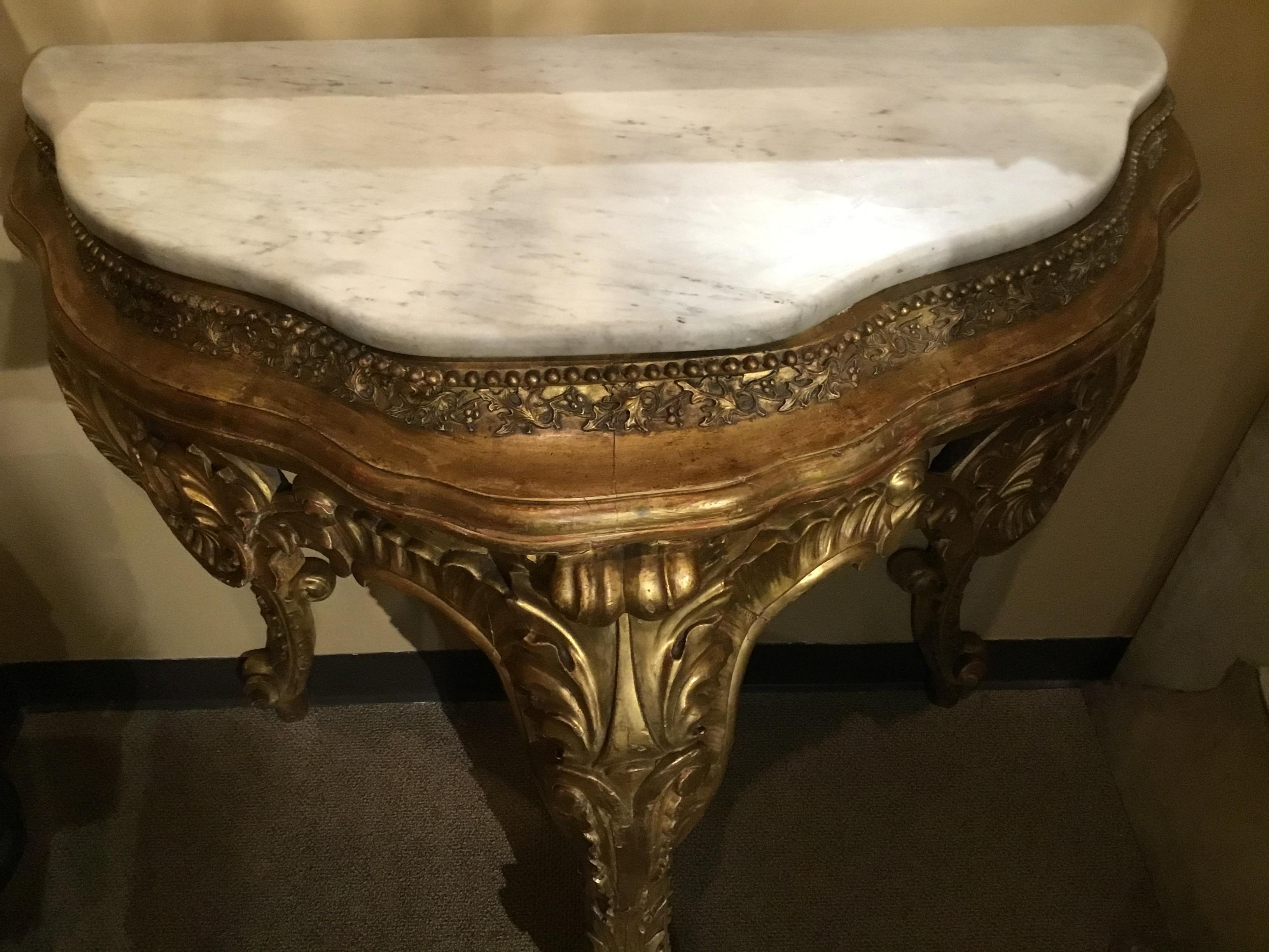 Louis XV French Giltwood Console in Demilune Form 19th Century White Marble Top For Sale
