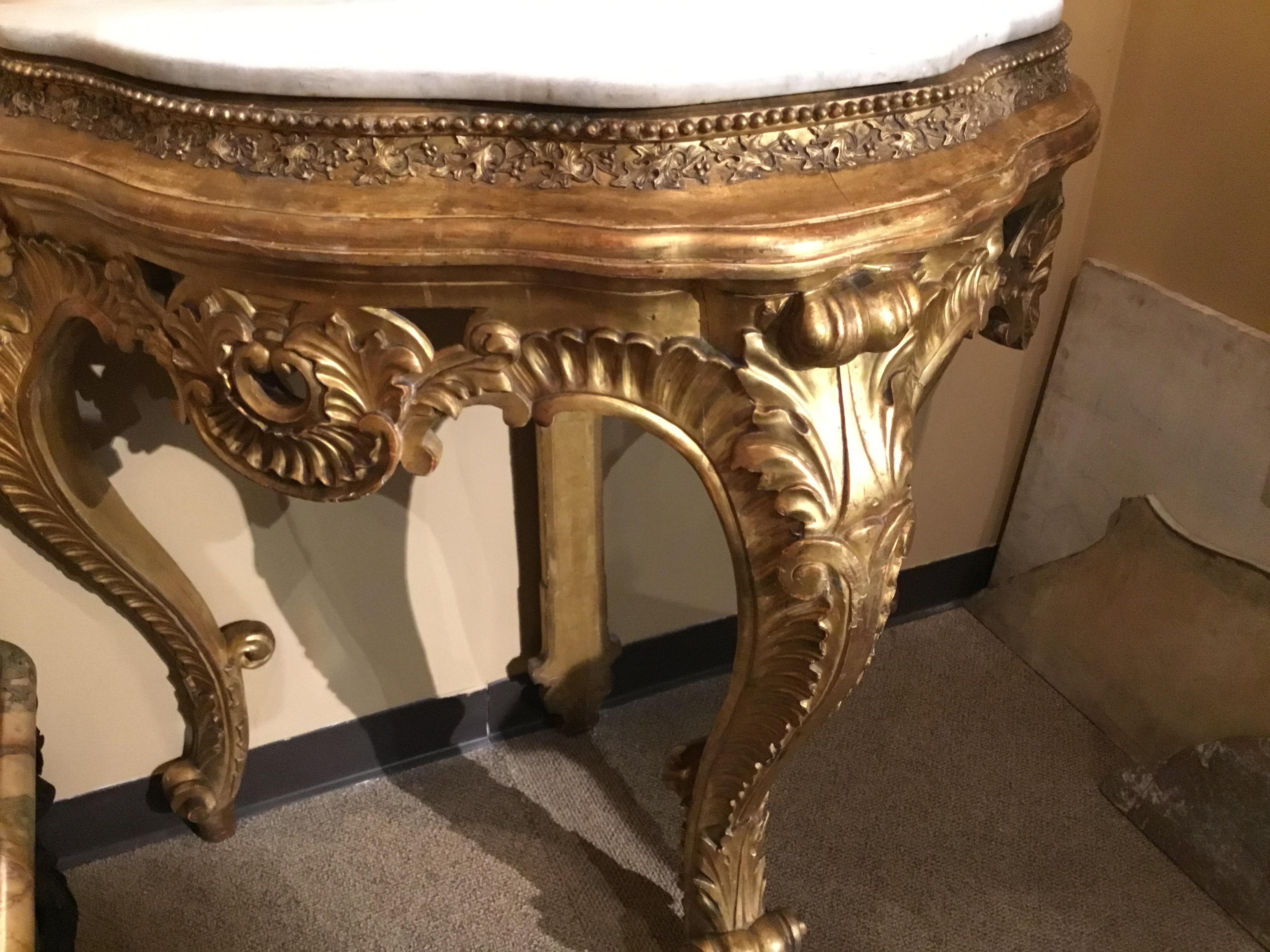 Hand-Carved French Giltwood Console in Demilune Form 19th Century White Marble Top For Sale