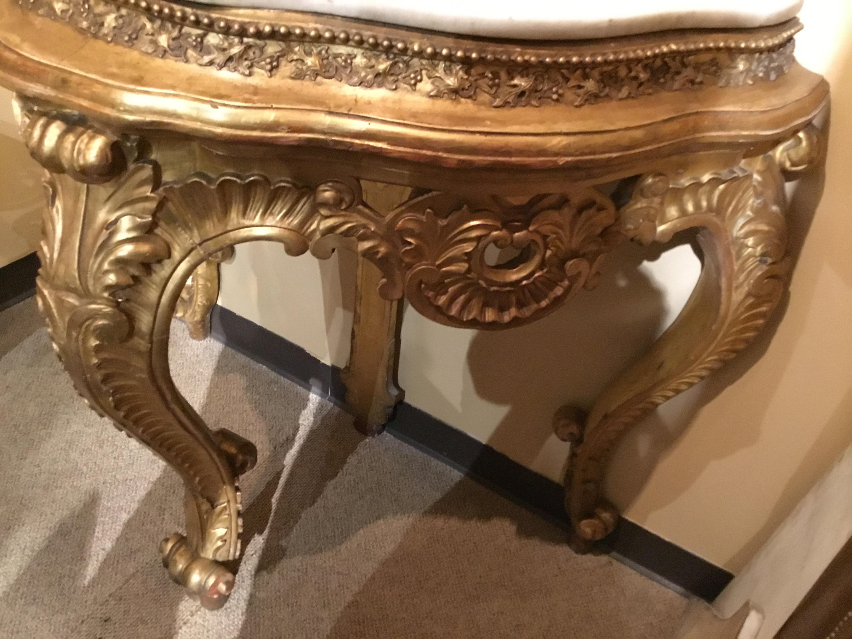 French Giltwood Console in Demilune Form 19th Century White Marble Top In Good Condition For Sale In Houston, TX
