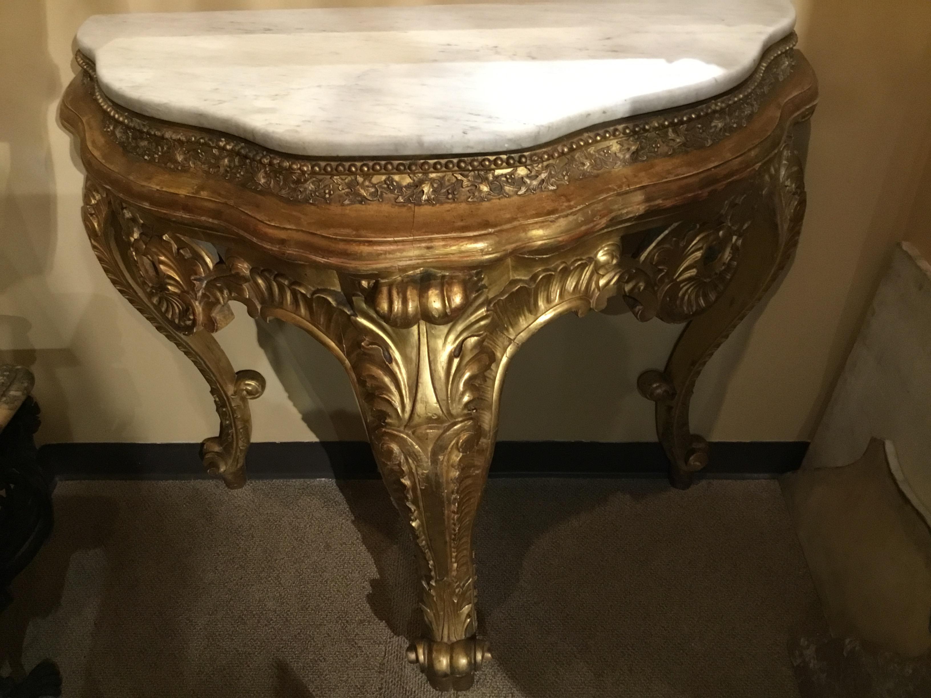 French Giltwood Console in Demilune Form 19th Century White Marble Top For Sale 1