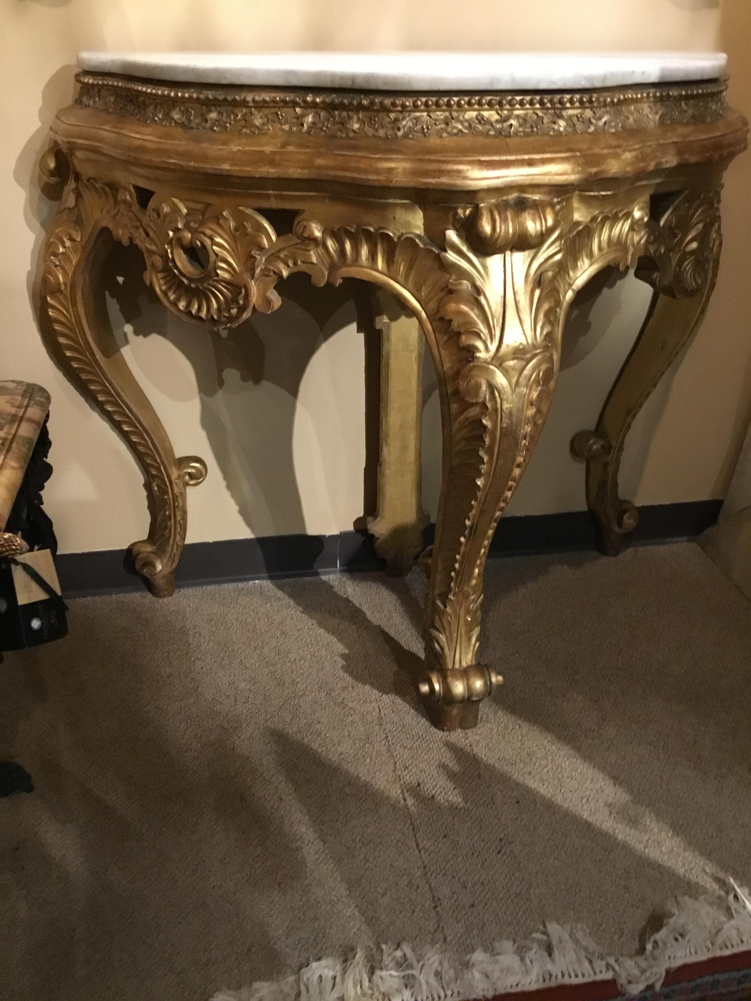 French Giltwood Console in Demilune Form 19th Century White Marble Top For Sale 2