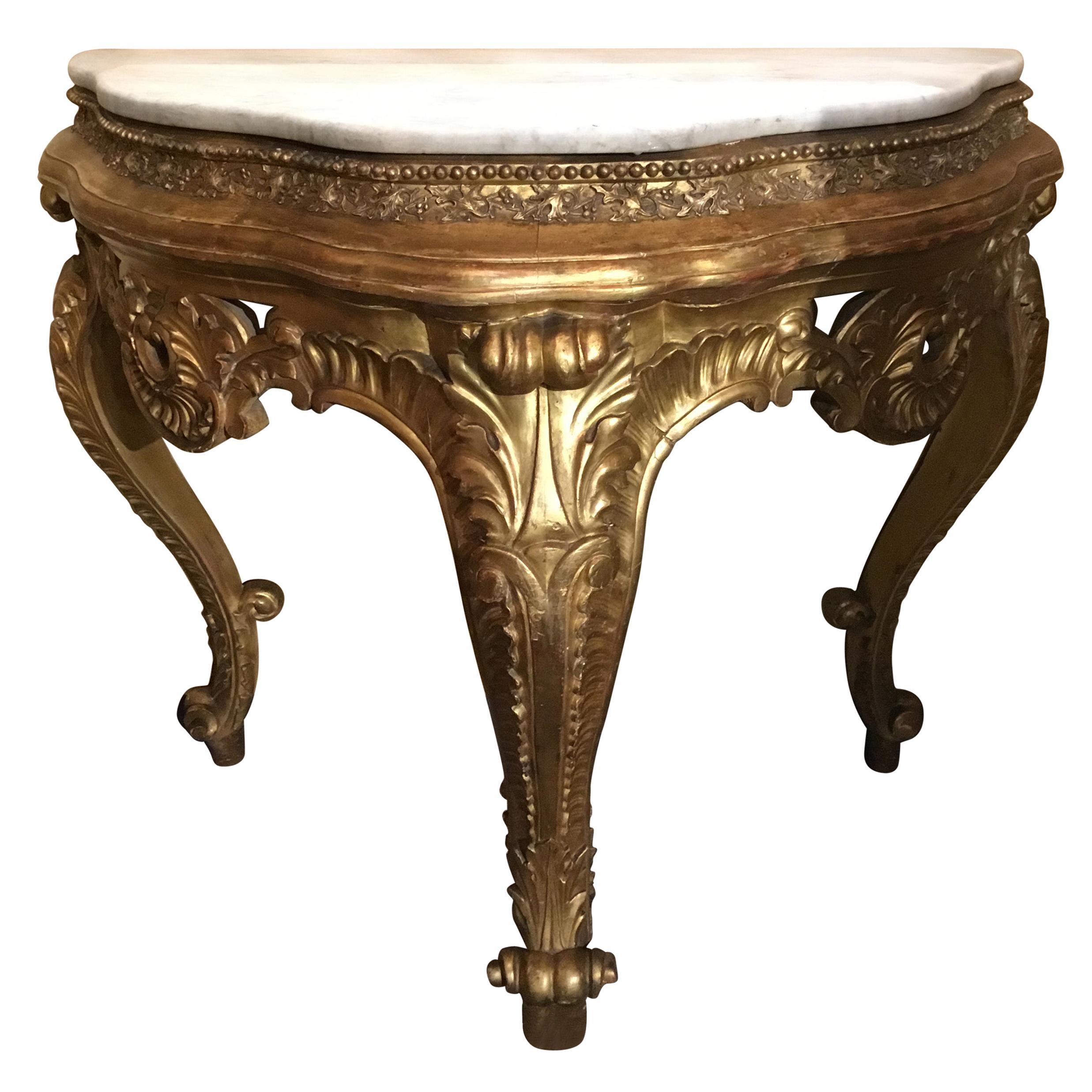 Console en bois doré du 19ème siècle de forme Demilune avec plateau en marbre blanc