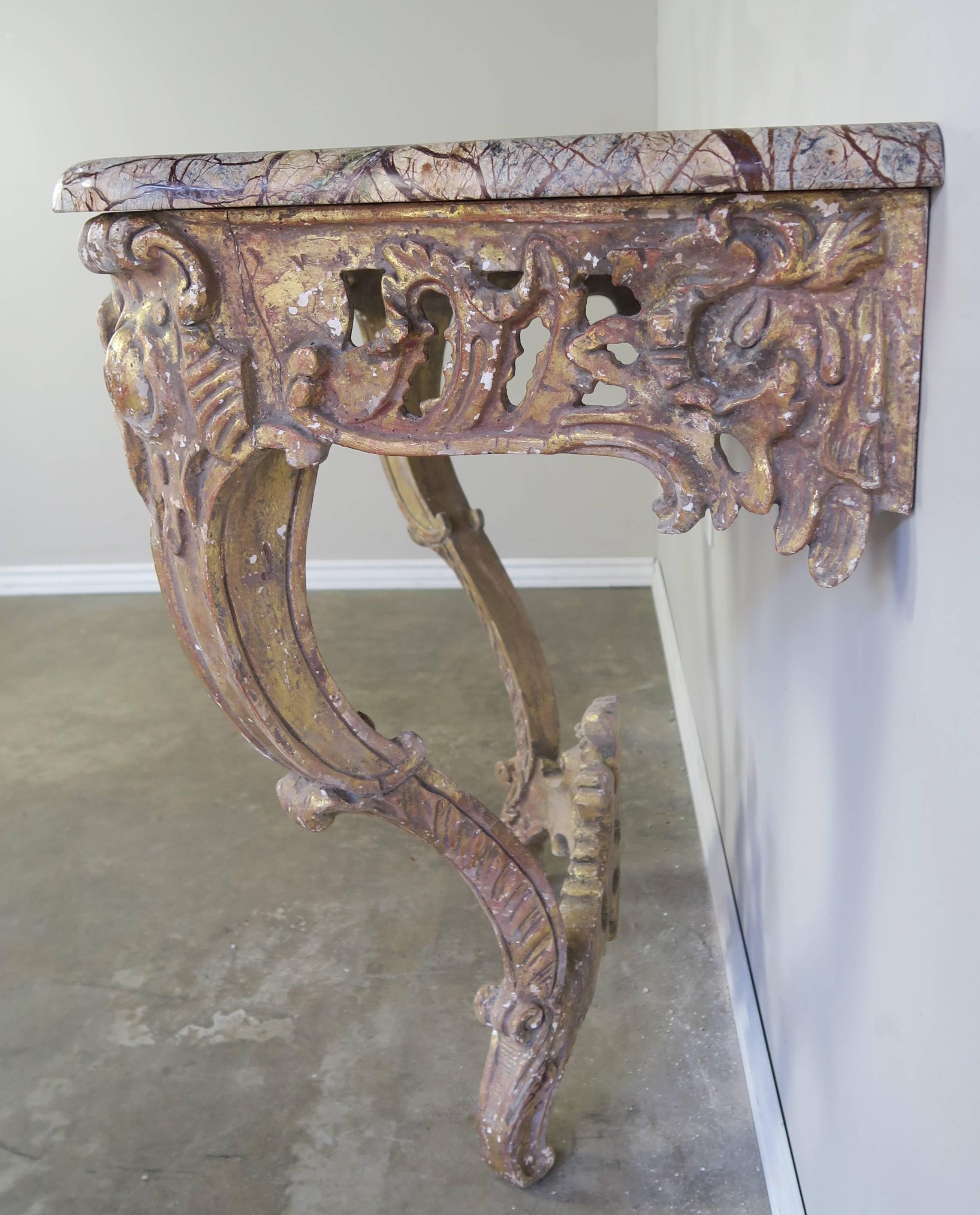 French Giltwood Console with Marble Top, circa 1930s In Distressed Condition In Los Angeles, CA