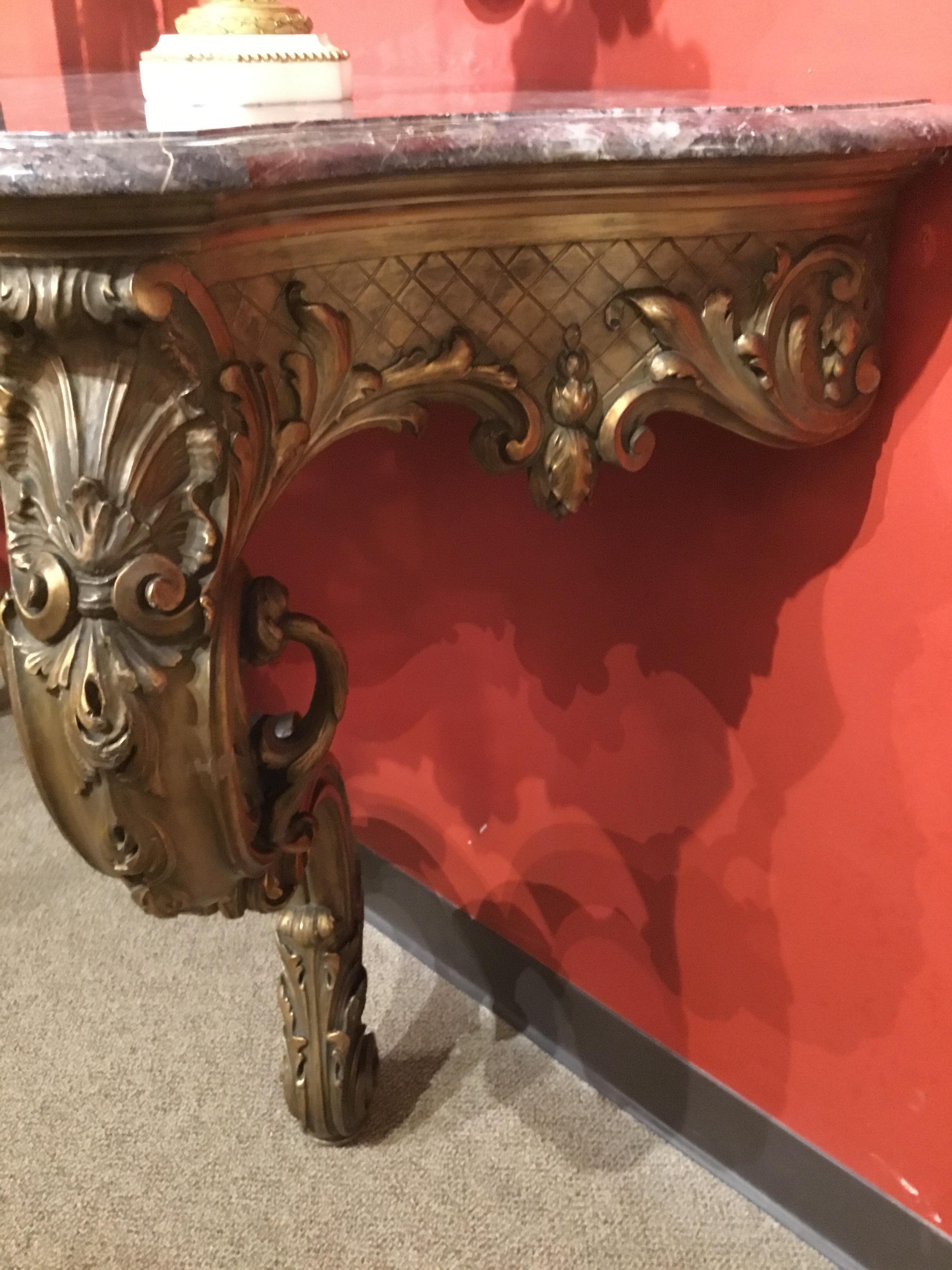 Konsole aus vergoldetem Holz mit grauem Marmor, Louis XV.-Stil, 19. Jahrhundert im Zustand „Gut“ im Angebot in Houston, TX