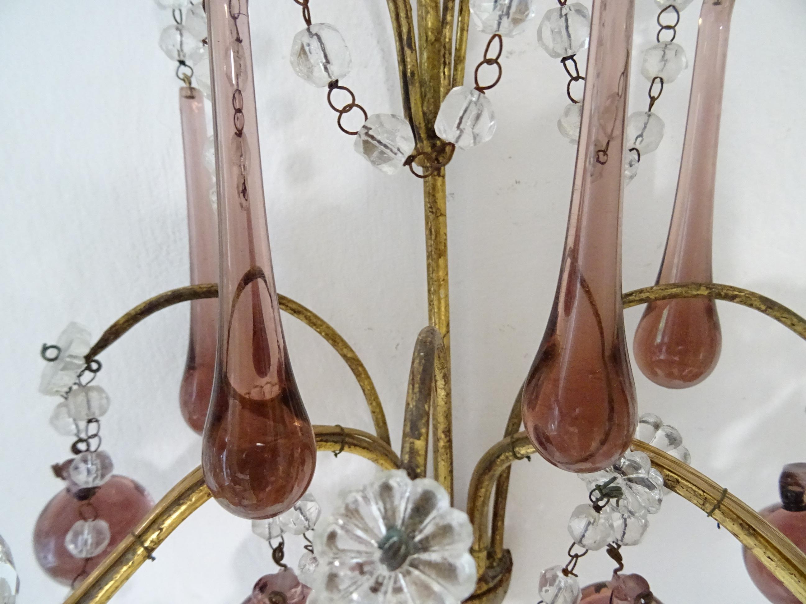 French Gilt Wood Crystal Amethyst Murano Drops 3 Tier with Spear Sconces c 1900 For Sale 7