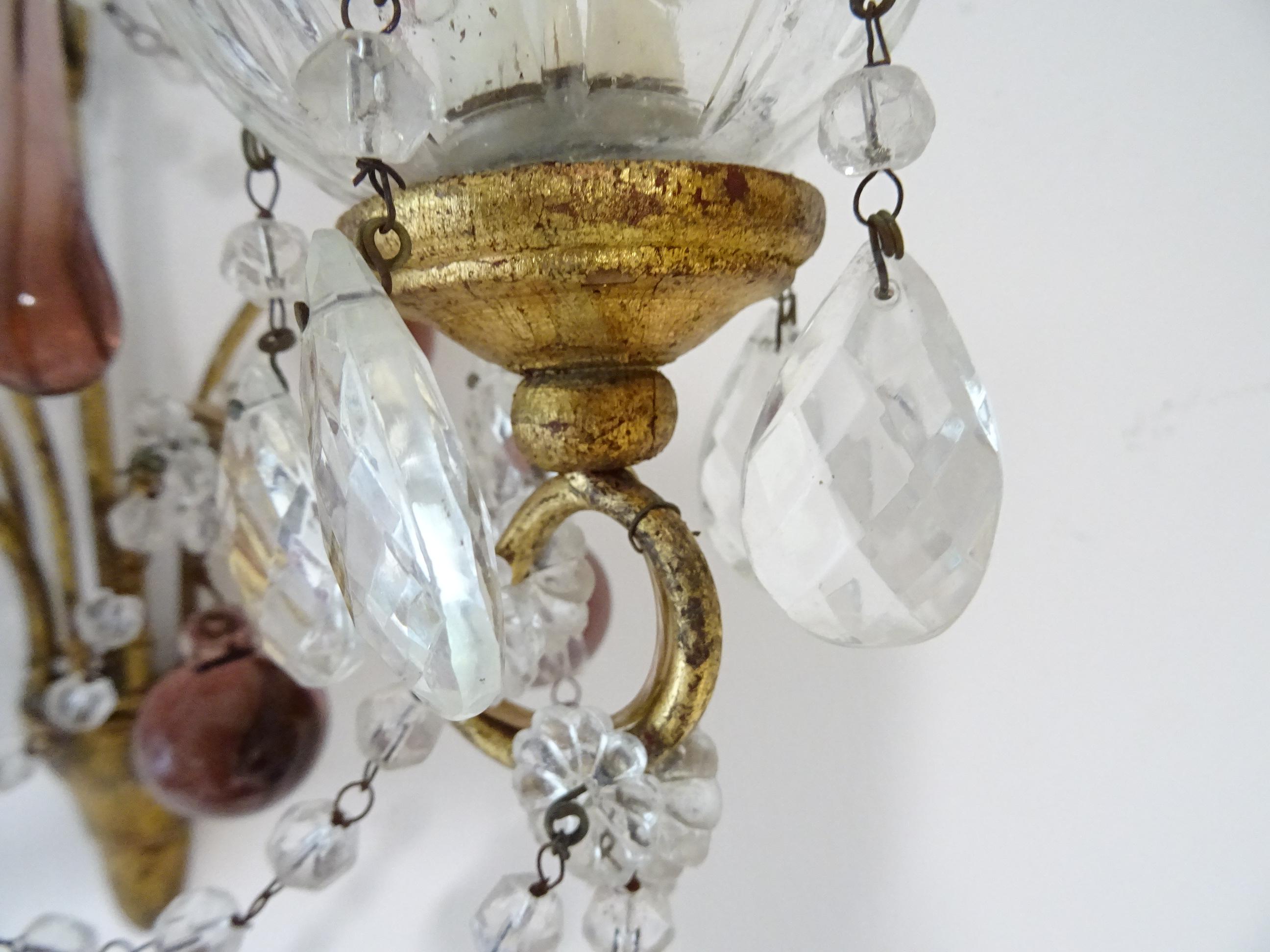French Gilt Wood Crystal Amethyst Murano Drops 3 Tier with Spear Sconces c 1900 For Sale 8