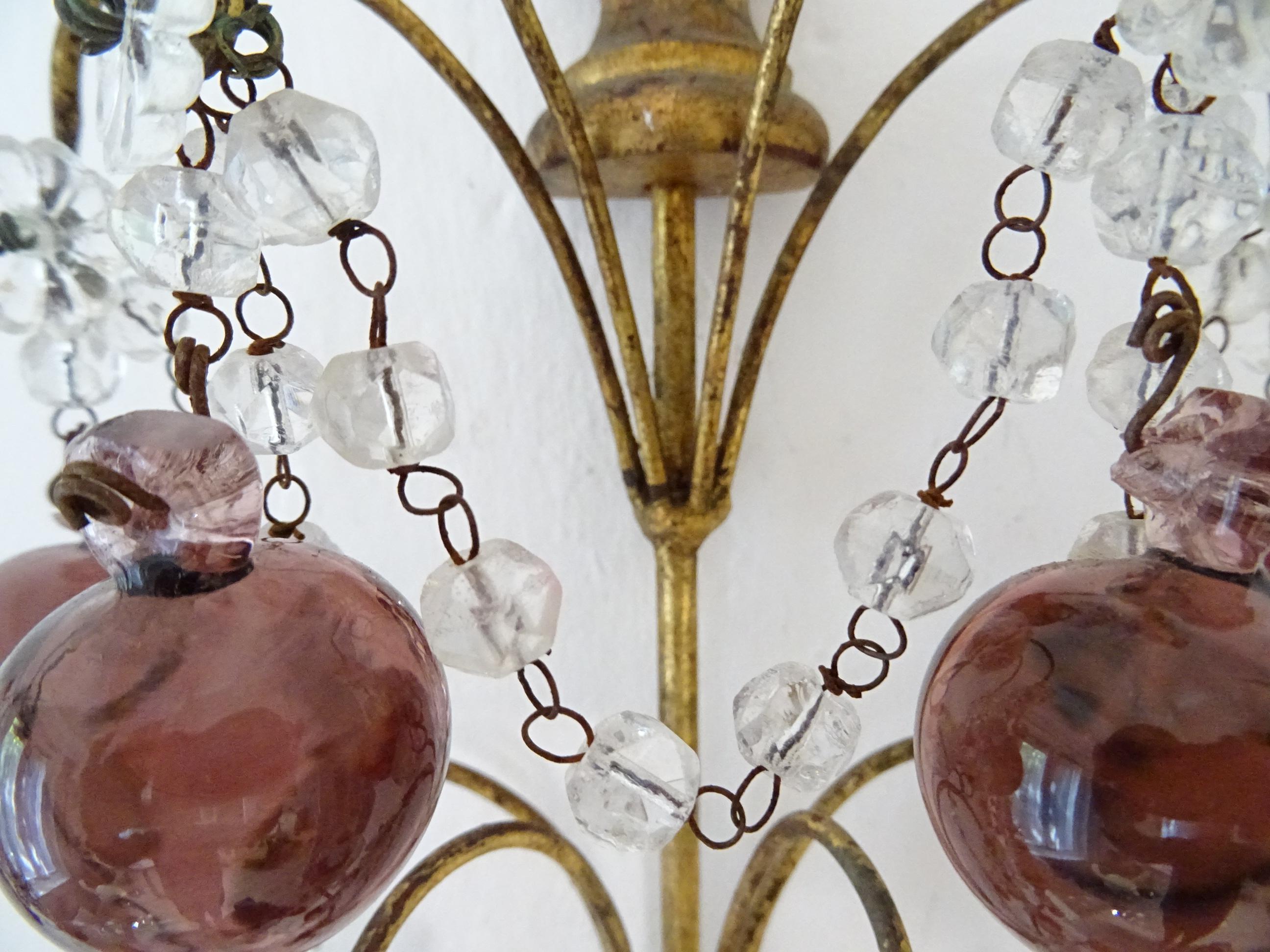 French Gilt Wood Crystal Amethyst Murano Drops 3 Tier with Spear Sconces c 1900 For Sale 9