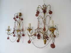 French Gilt Wood Crystal Amethyst Murano Drops 3 Tier with Spear Sconces c 1900