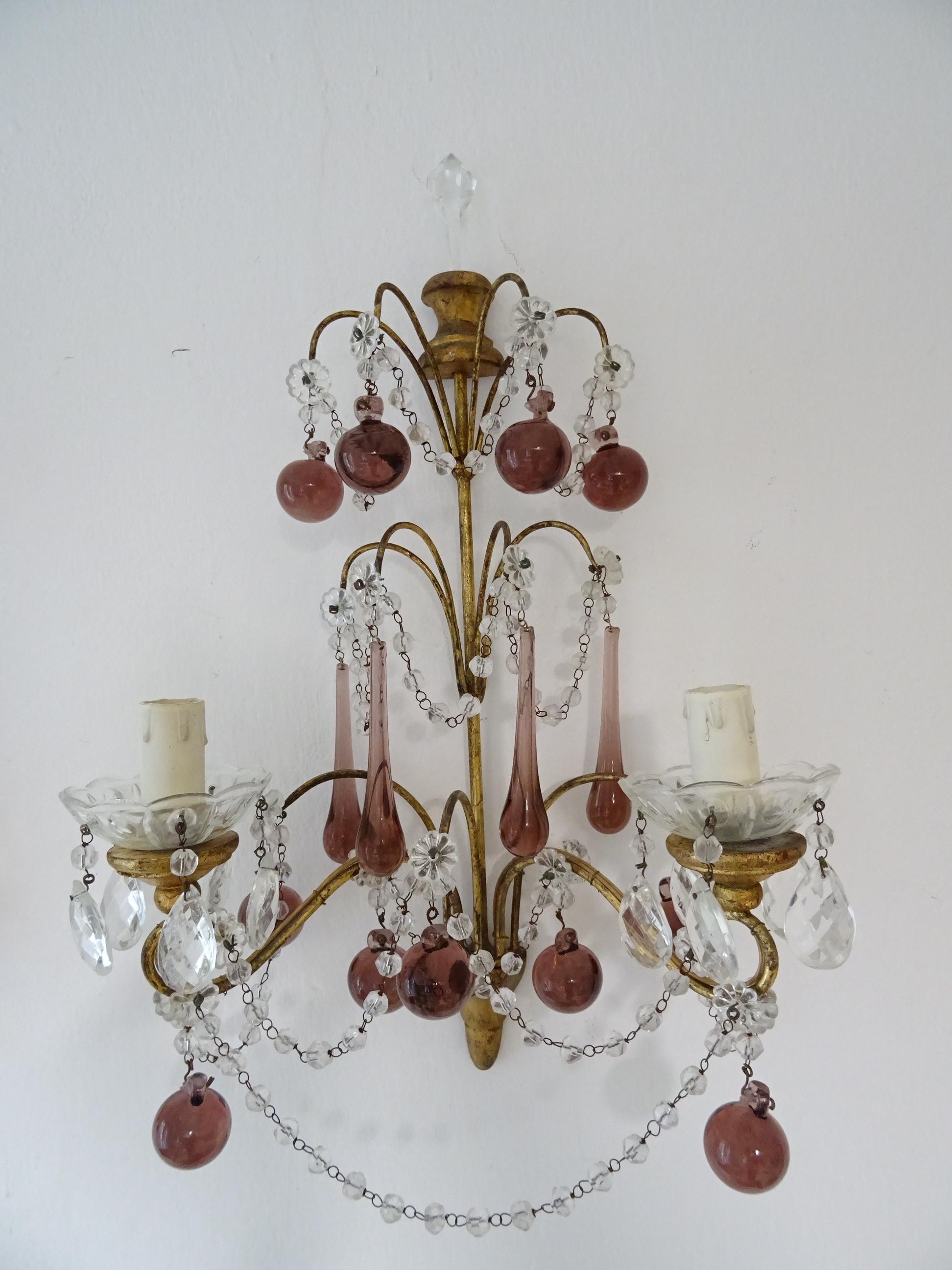 Early 20th Century French Gilt Wood Crystal Amethyst Murano Drops 3 Tier with Spear Sconces c 1900 For Sale