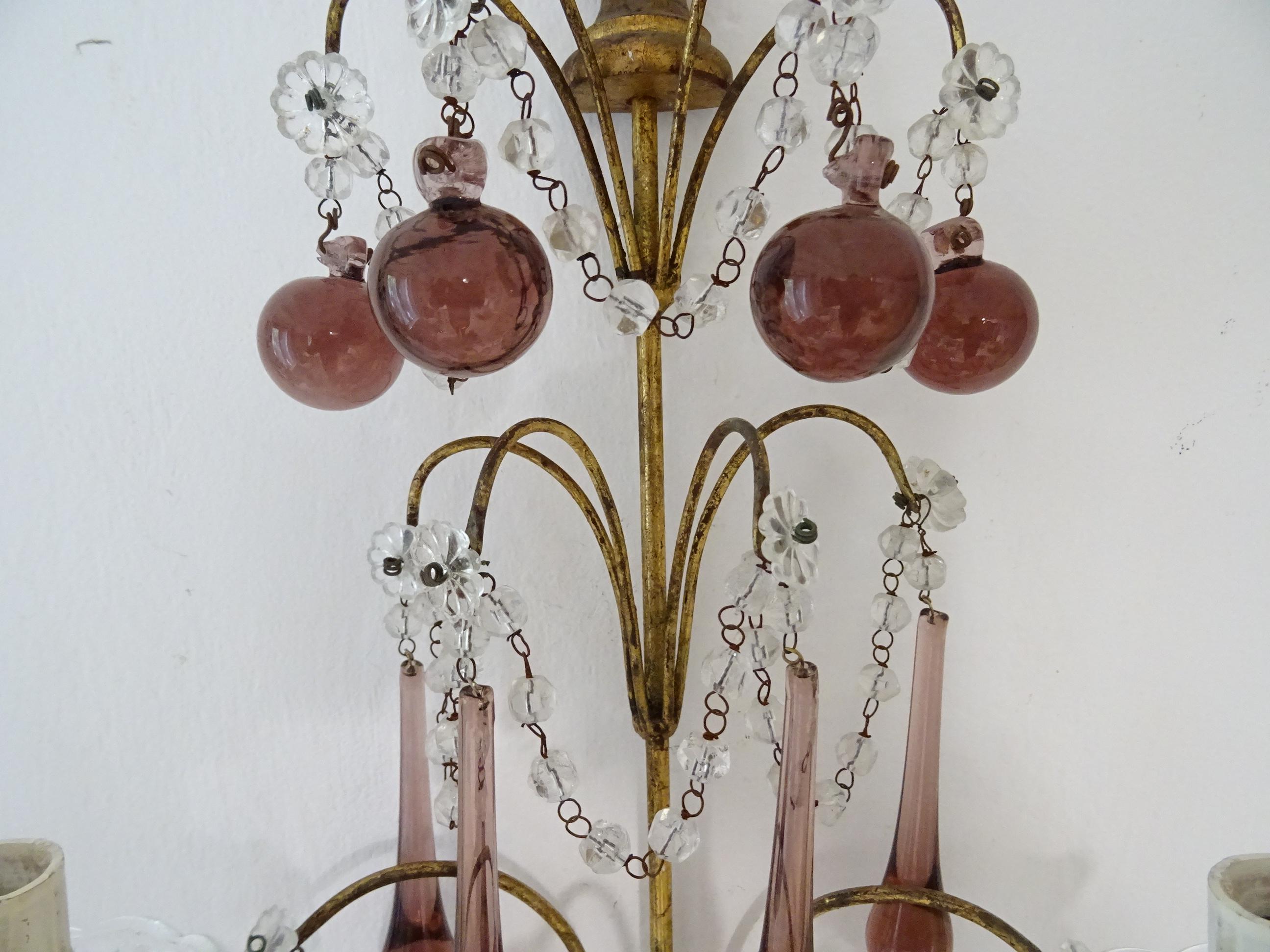 French Gilt Wood Crystal Amethyst Murano Drops 3 Tier with Spear Sconces c 1900 For Sale 2