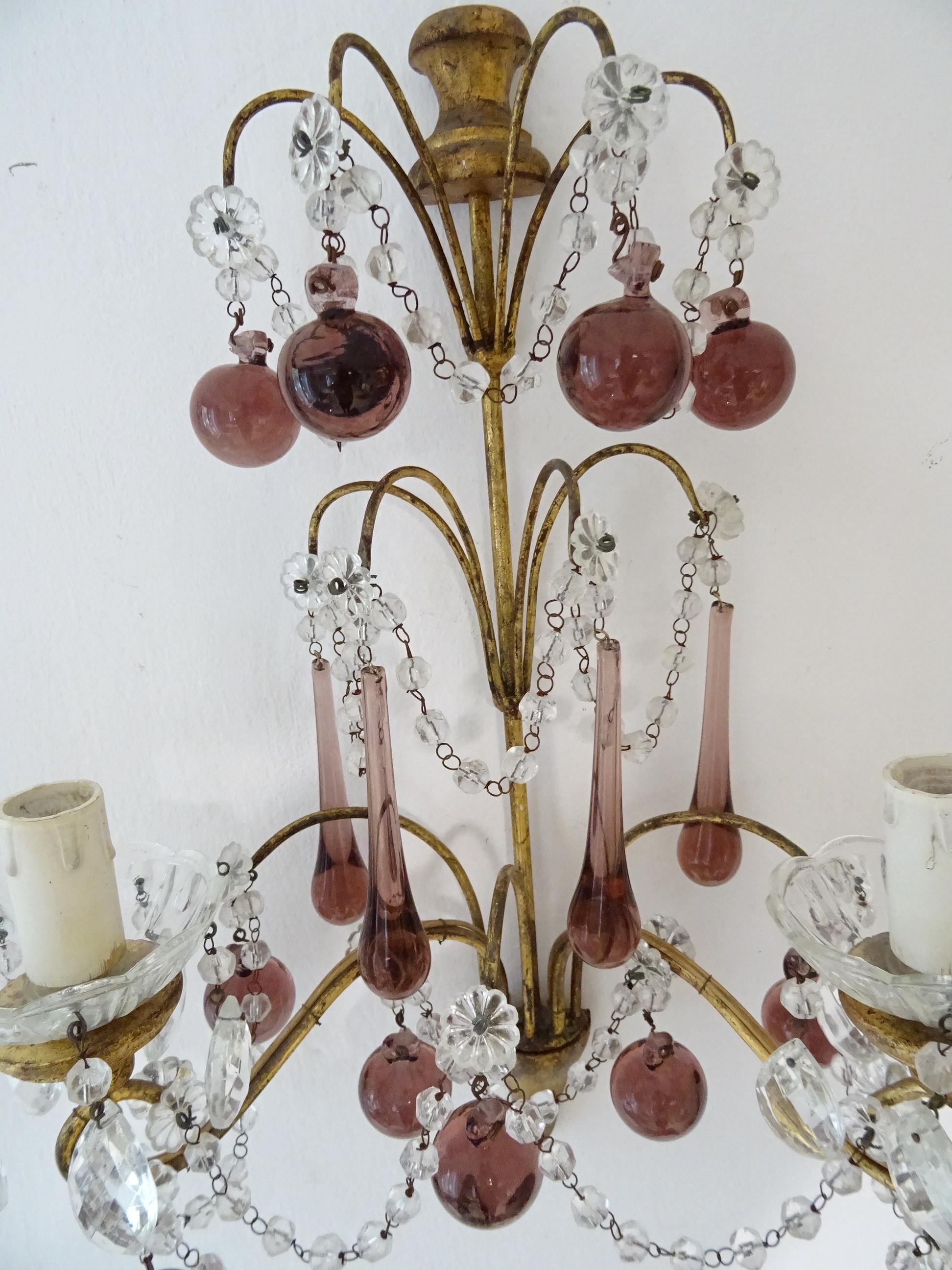 French Gilt Wood Crystal Amethyst Murano Drops 3 Tier with Spear Sconces c 1900 For Sale 3