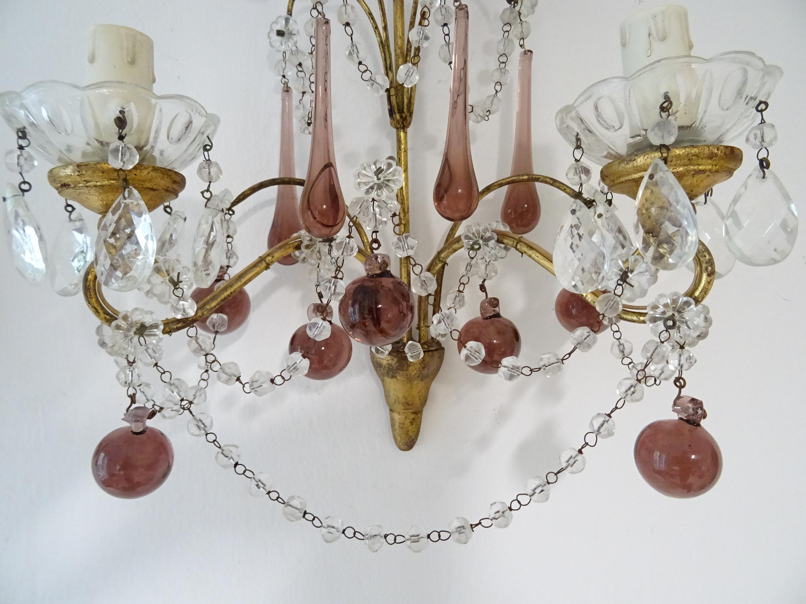 French Gilt Wood Crystal Amethyst Murano Drops 3 Tier with Spear Sconces c 1900 For Sale 4