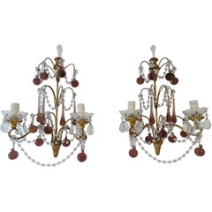 French Gilt Wood Crystal Amethyst Murano Drops 3 Tier with Spear Sconces c 1900