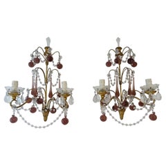French Gilt Wood Crystal Amethyst Murano Drops 3 Tier with Spear Sconces c 1900