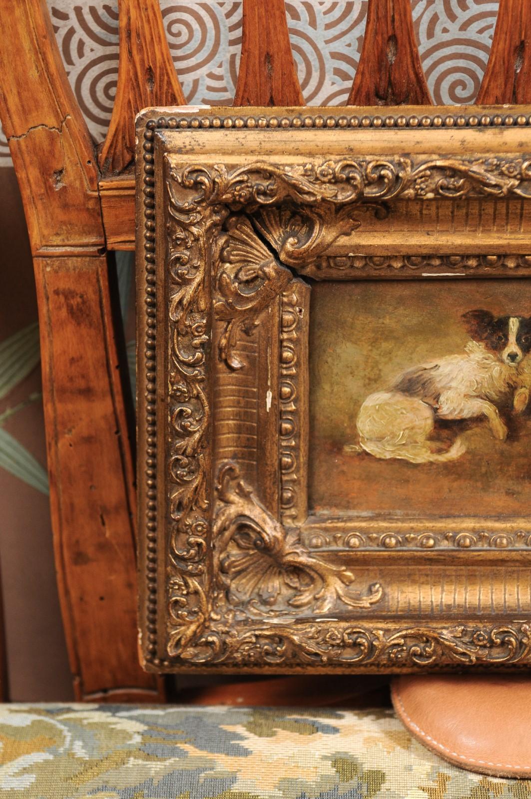 French Giltwood Framed Oil on Panel Painting of Papillon Dogs In Good Condition In Atlanta, GA