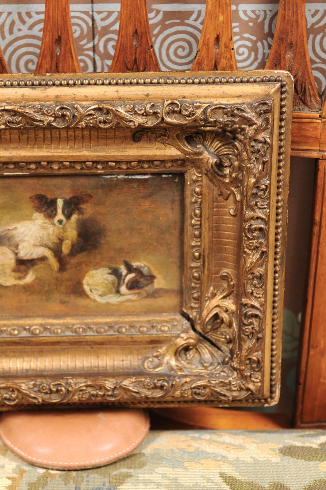 19th Century French Giltwood Framed Oil on Panel Painting of Papillon Dogs