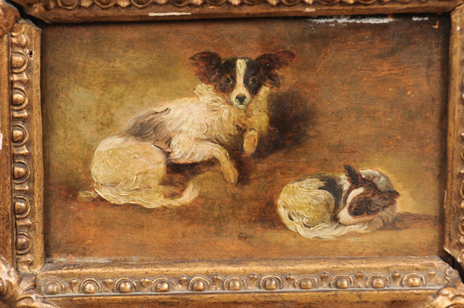 French Giltwood Framed Oil on Panel Painting of Papillon Dogs 1