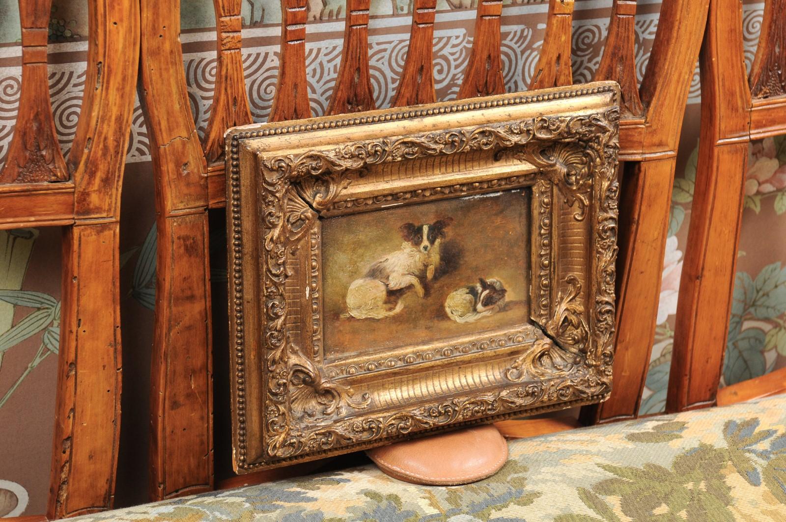 French Giltwood Framed Oil on Panel Painting of Papillon Dogs 3