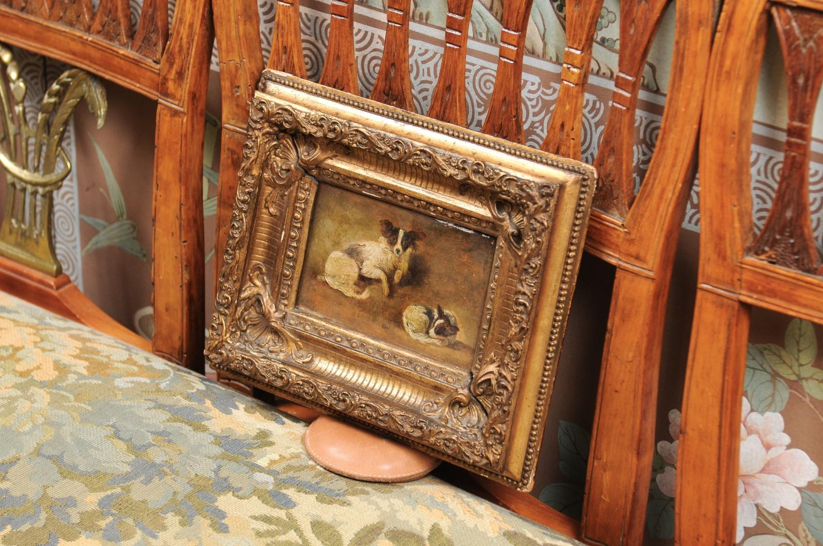 French Giltwood Framed Oil on Panel Painting of Papillon Dogs 4