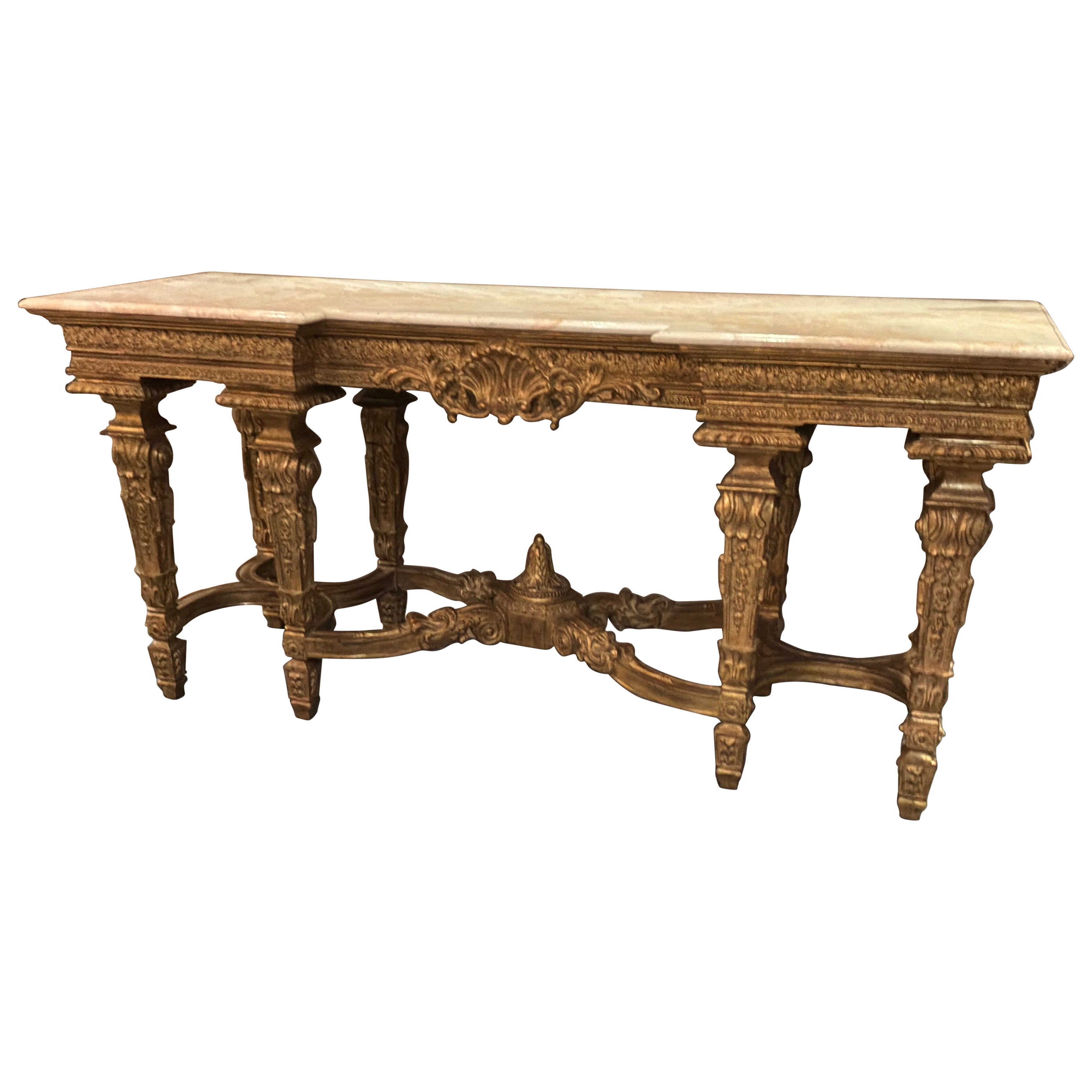 French gilt wood large console carved with blush marble top