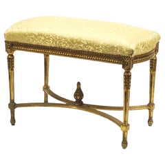 Antique French Gilt Wood Large Stool With Gilt Carved Floral Motifs, With Damask Silk 