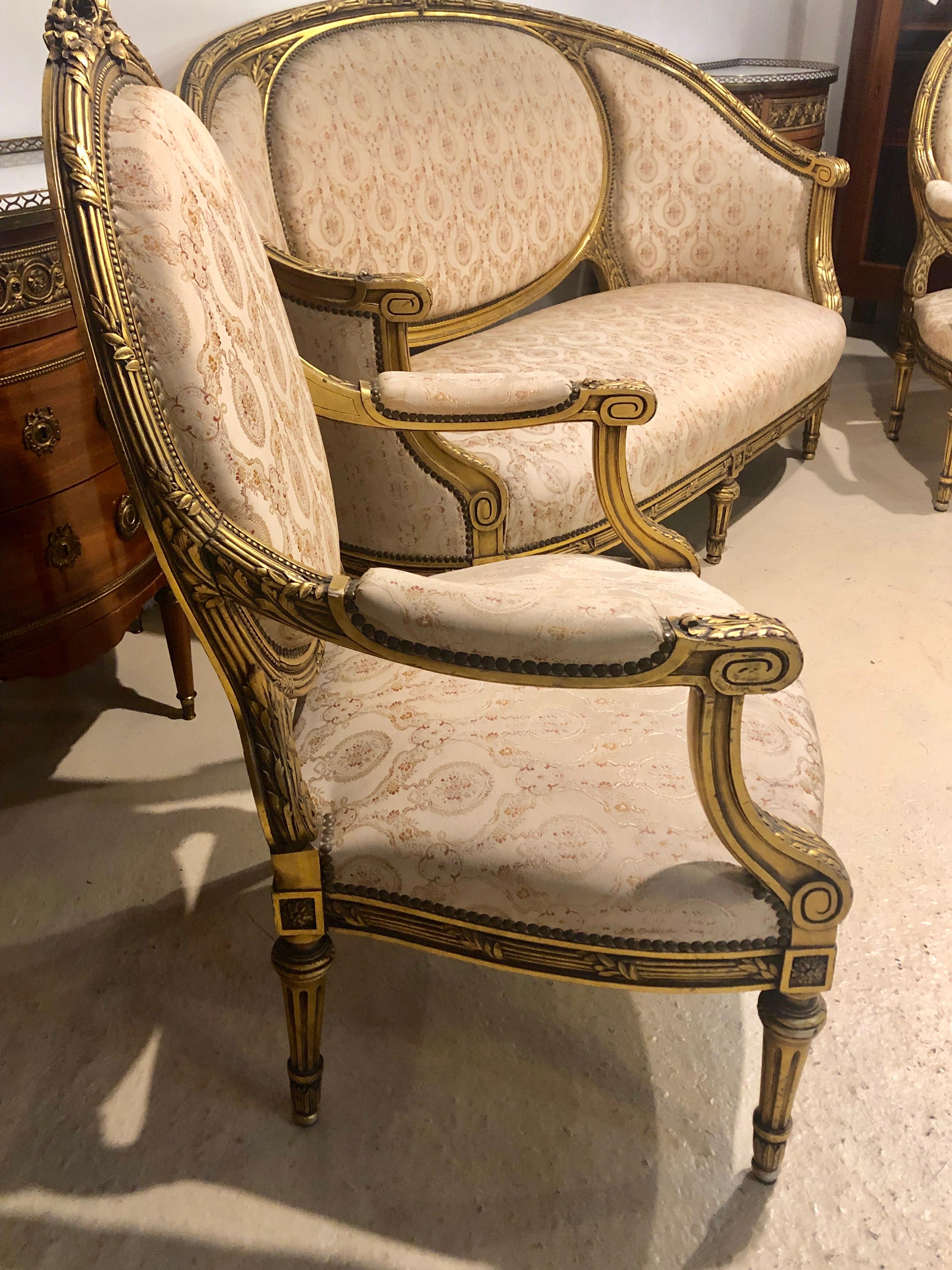 20th Century French Giltwood Louis XVI Style Cameo Back Sofa Settee and Pair of Armchairs
