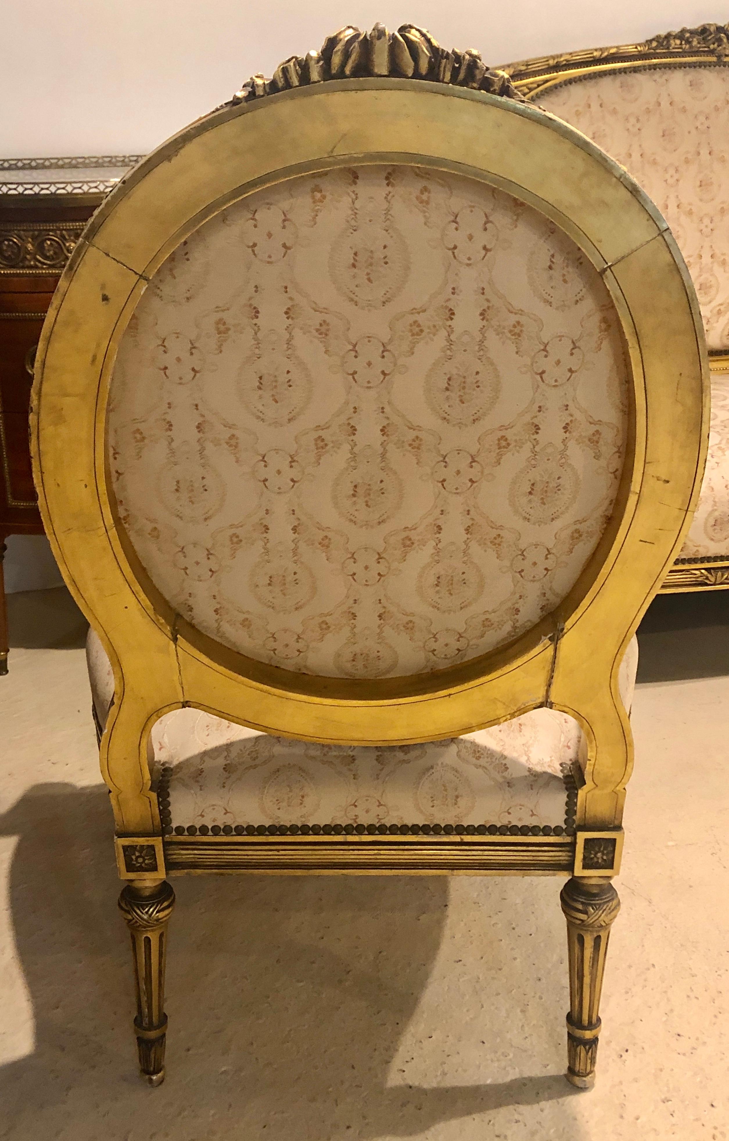 French Giltwood Louis XVI Style Cameo Back Sofa Settee and Pair of Armchairs 1