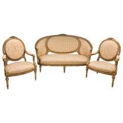 French Giltwood Louis XVI Style Cameo Back Sofa Settee and Pair of Armchairs