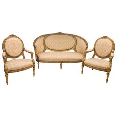 Antique French Giltwood Louis XVI Style Cameo Back Sofa Settee and Pair of Armchairs