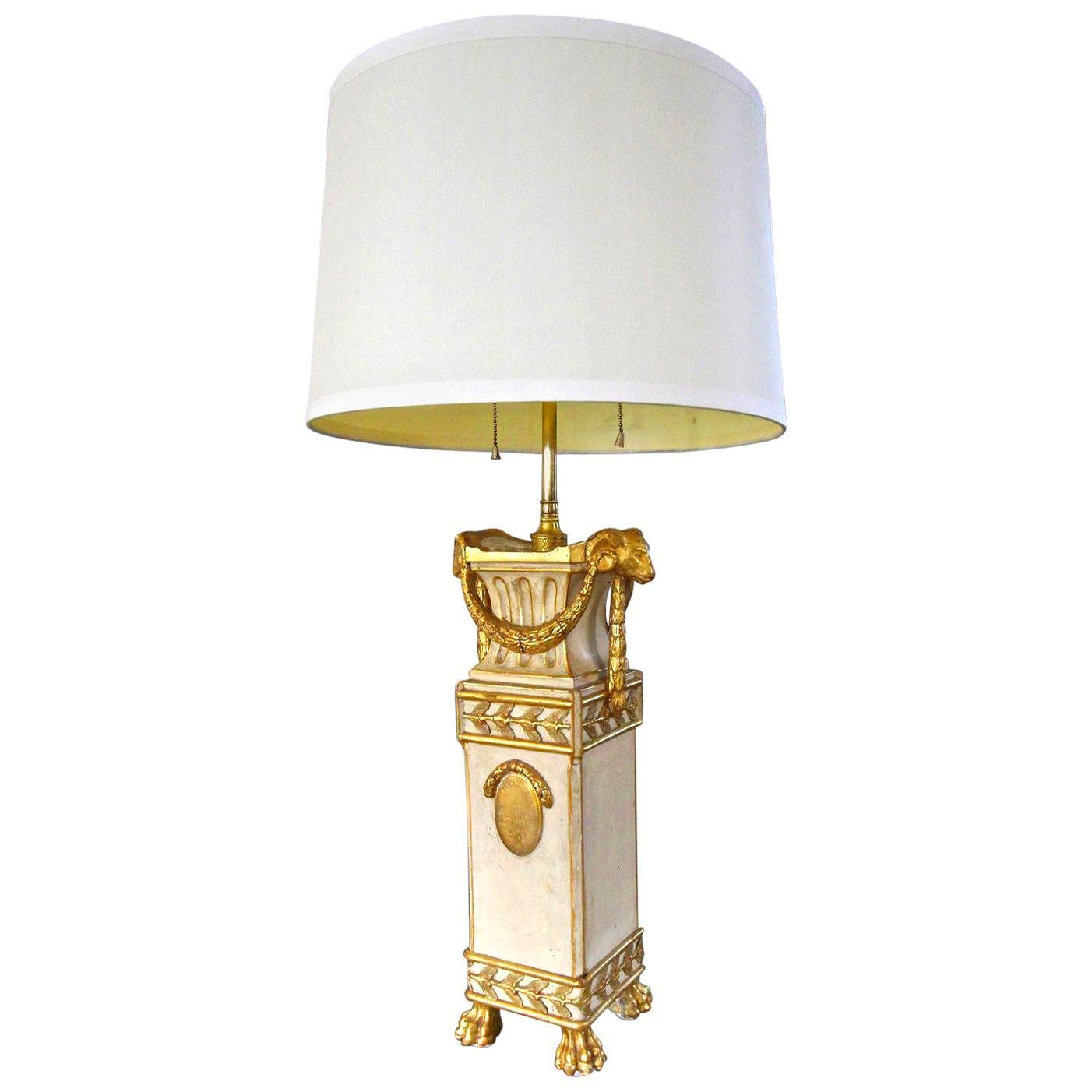 French Gilt Wood Rams Head Paw Feet Table Lamp For Sale